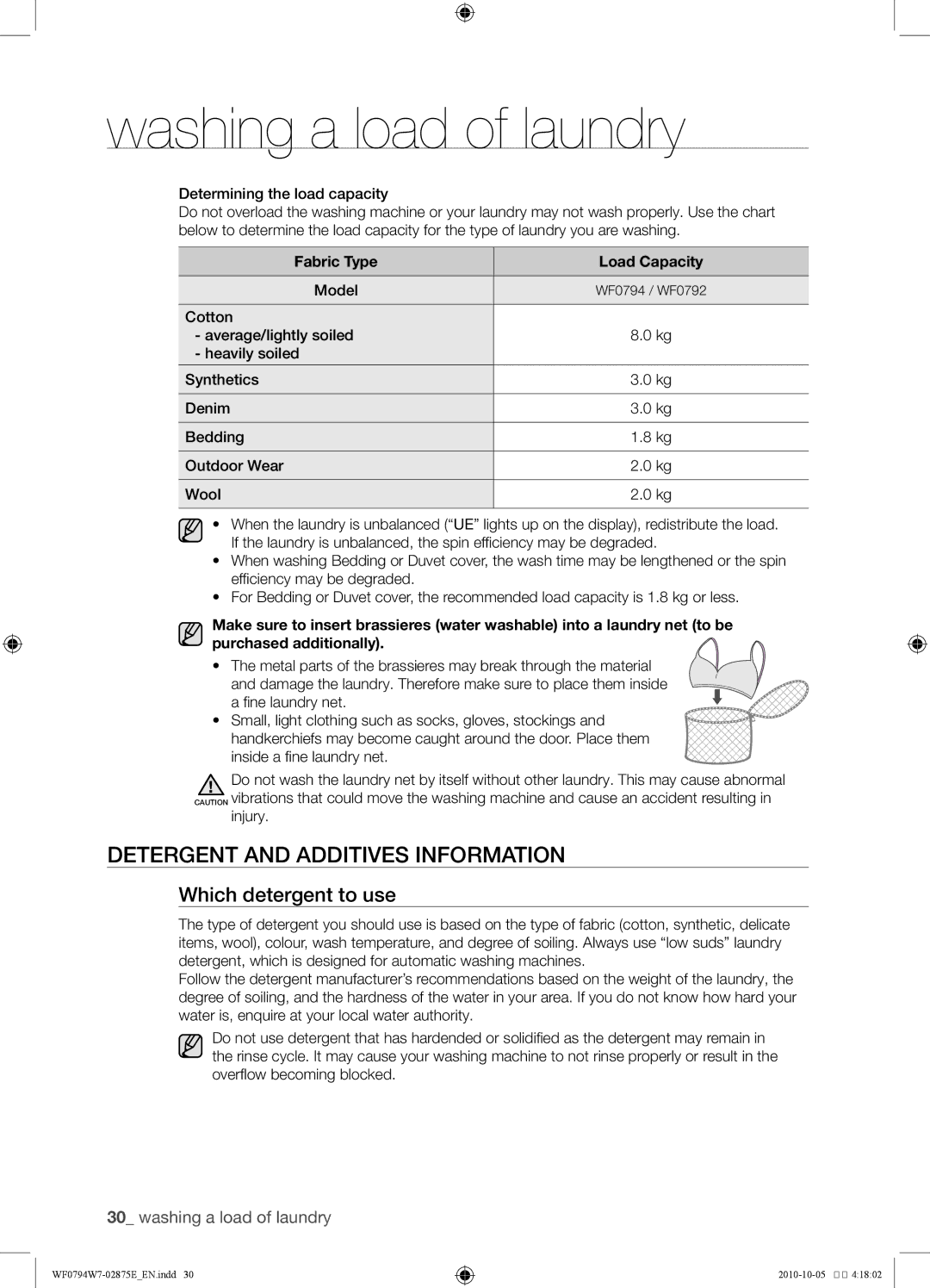 Samsung WF0794W7E/XSV manual Detergent and additives information, Which detergent to use, Fabric Type Load Capacity 