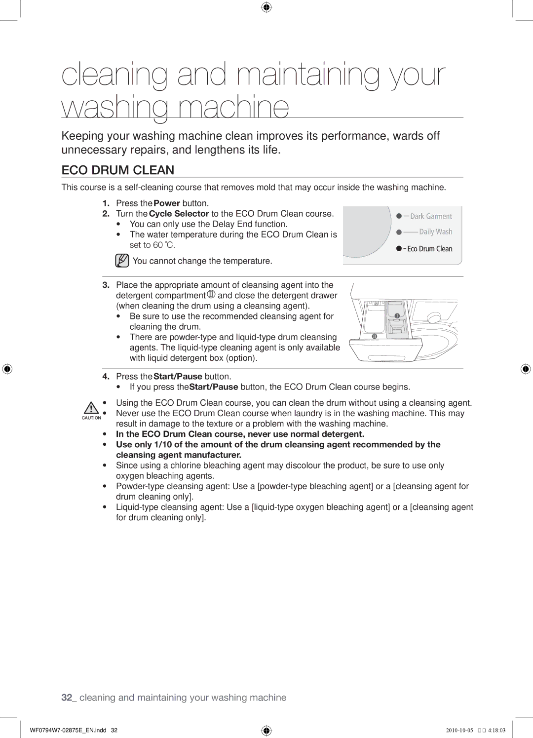 Samsung WF0794W7E/XSV, WF0794W7E1/XSV manual Cleaning and maintaining your washing machine, Eco Drum Clean 