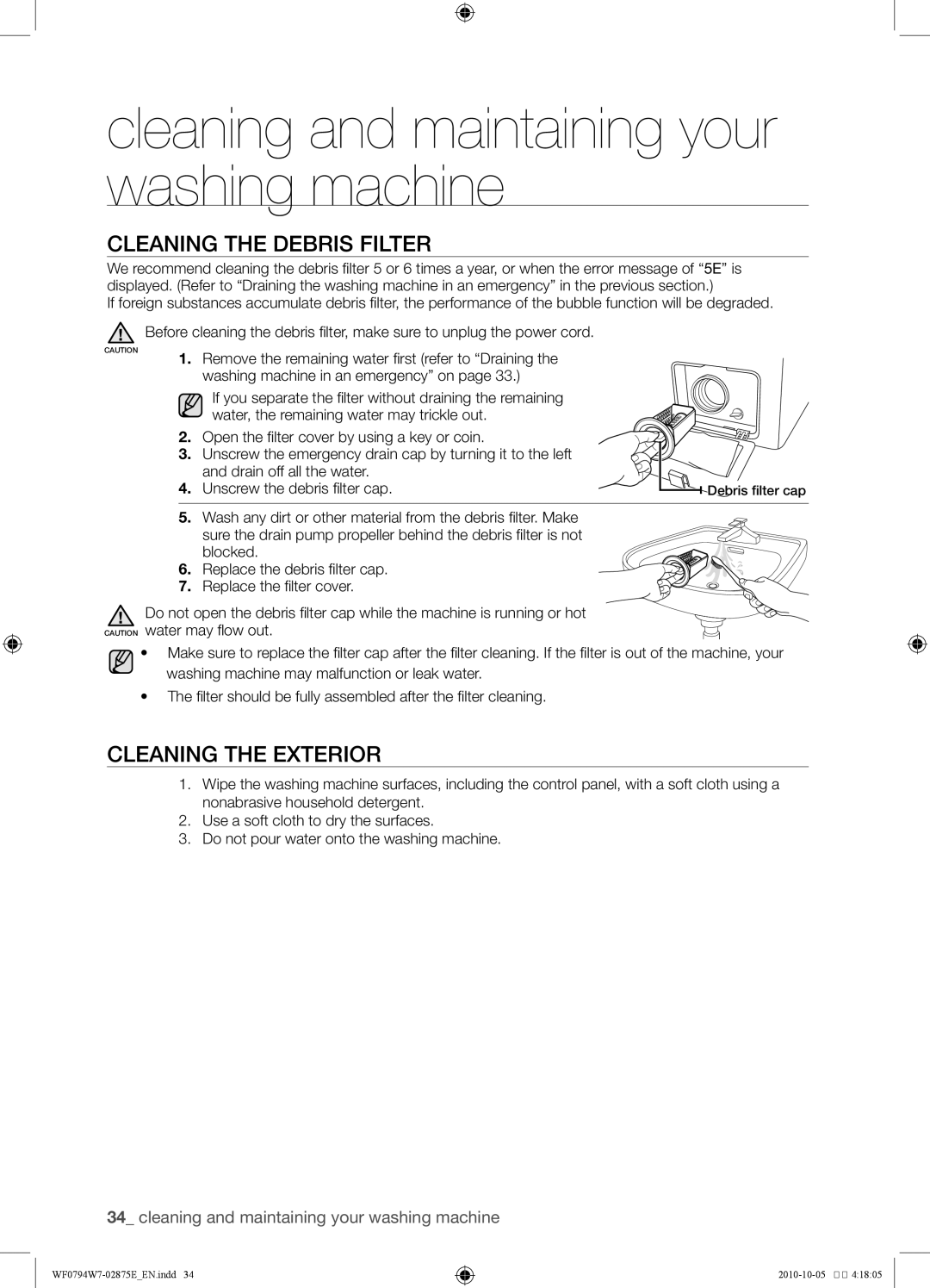 Samsung WF0794W7E/XSV, WF0794W7E1/XSV manual Cleaning the debris filter, Cleaning the exterior 