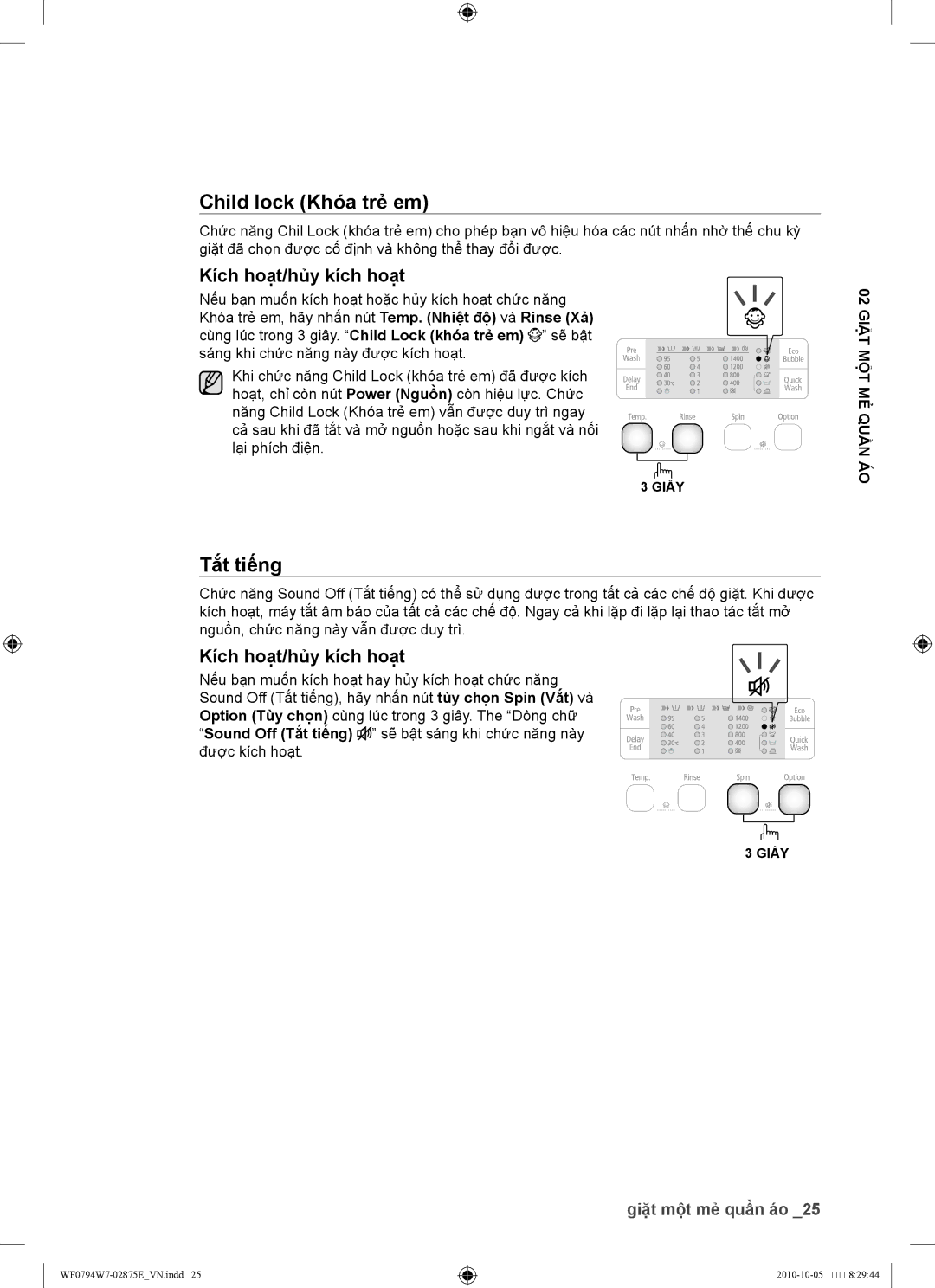 Samsung WF0794W7E1/XSV, WF0794W7E/XSV manual Child lock Khó́a trẻ em, Tắ́t tiế́ng 