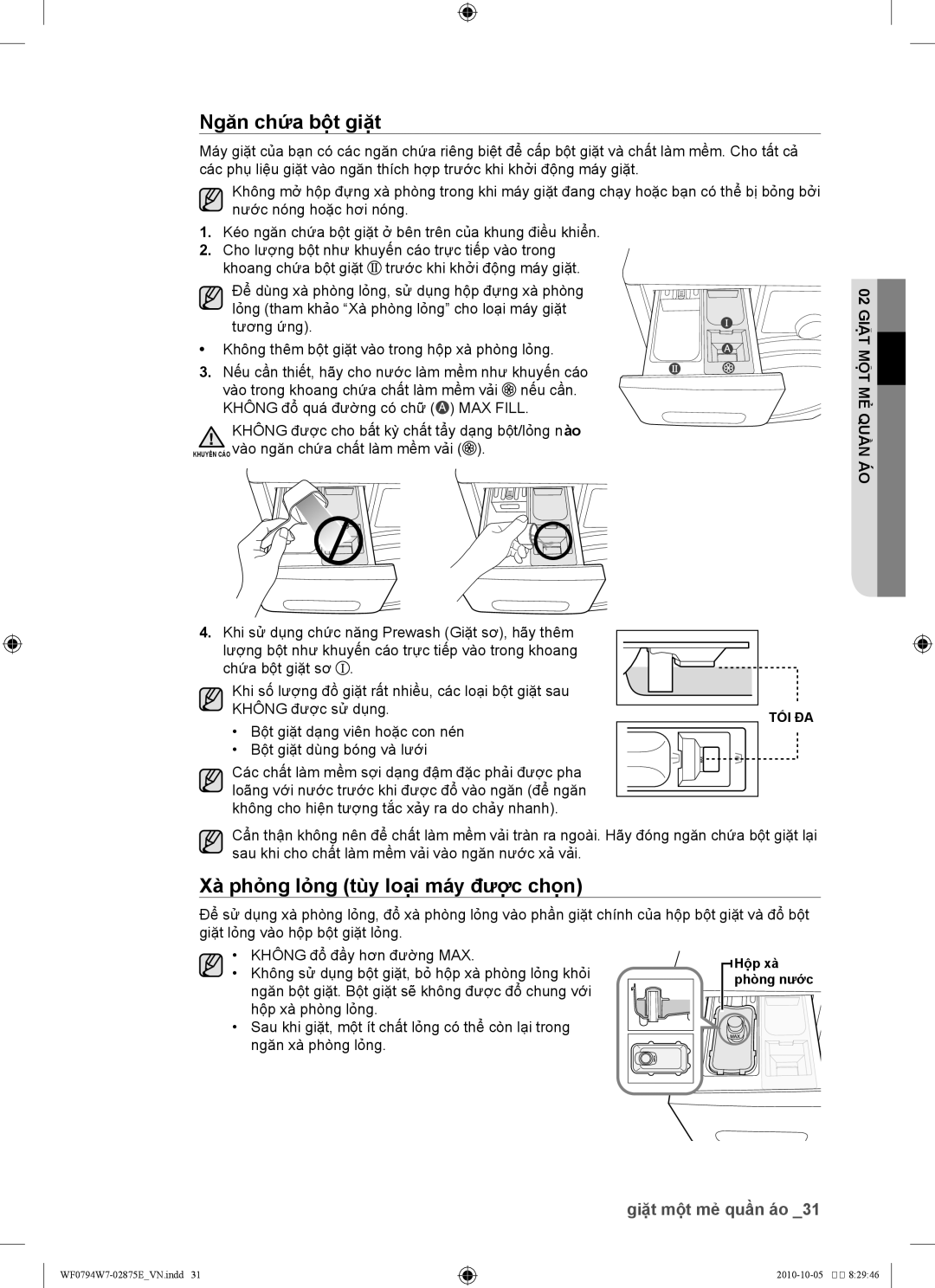 Samsung WF0794W7E1/XSV, WF0794W7E/XSV manual Ngăn chứ́a bộ̣t giặt, Xà phỏ̉ng lỏ̉ng tùy loại máy đượ̣c chọ̣n 