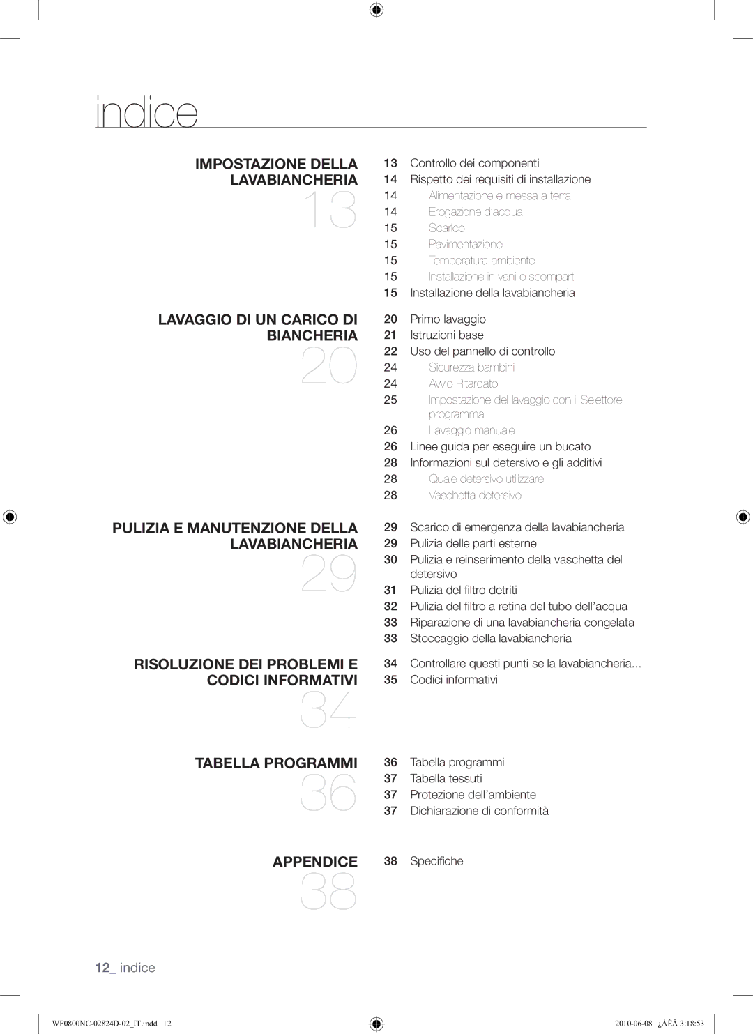 Samsung WF0800NCE/XET manual Indice, Impostazione Della Lavabiancheria 