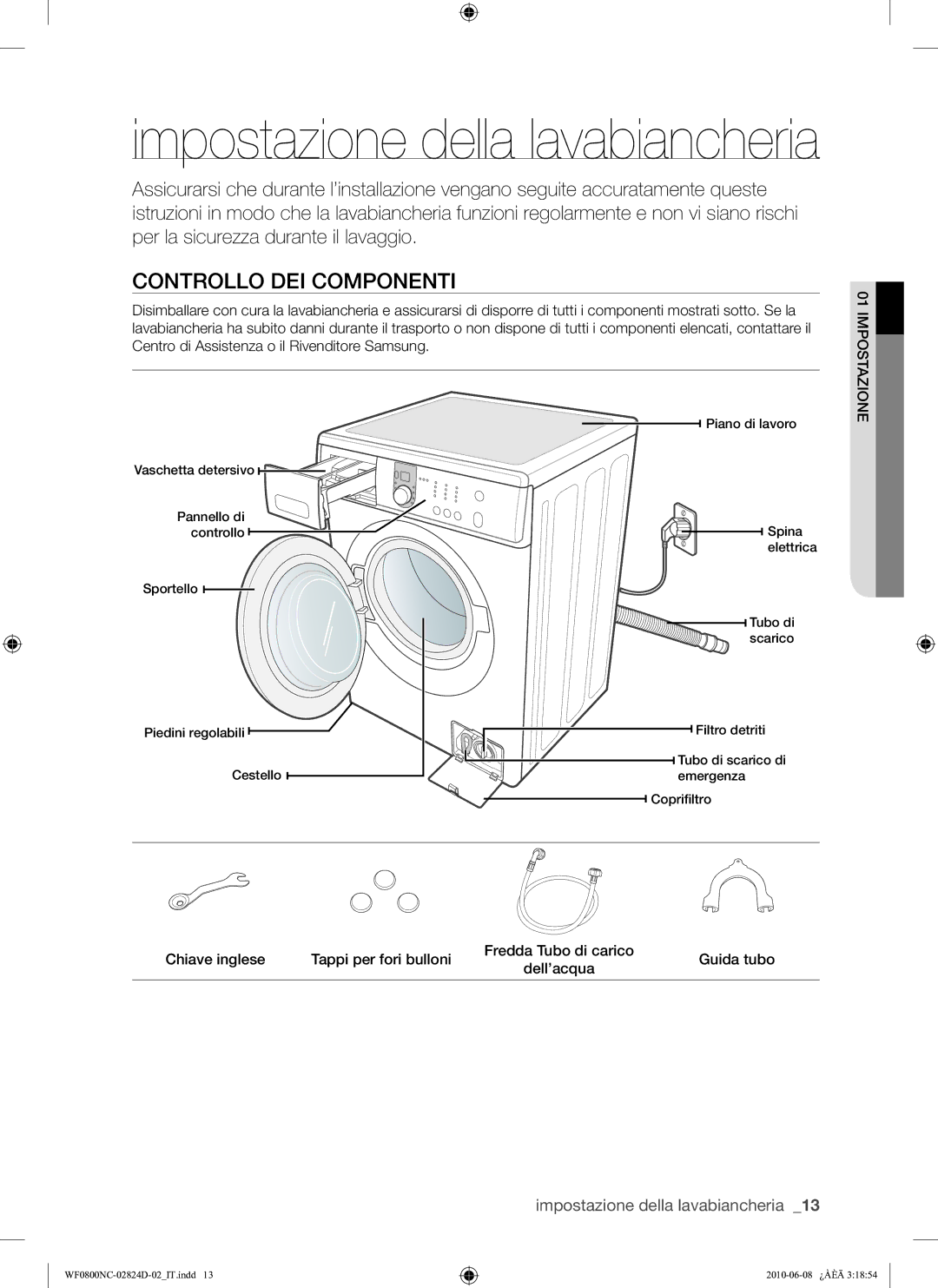 Samsung WF0800NCE/XET manual Impostazione della lavabiancheria, Controllo DEI Componenti 