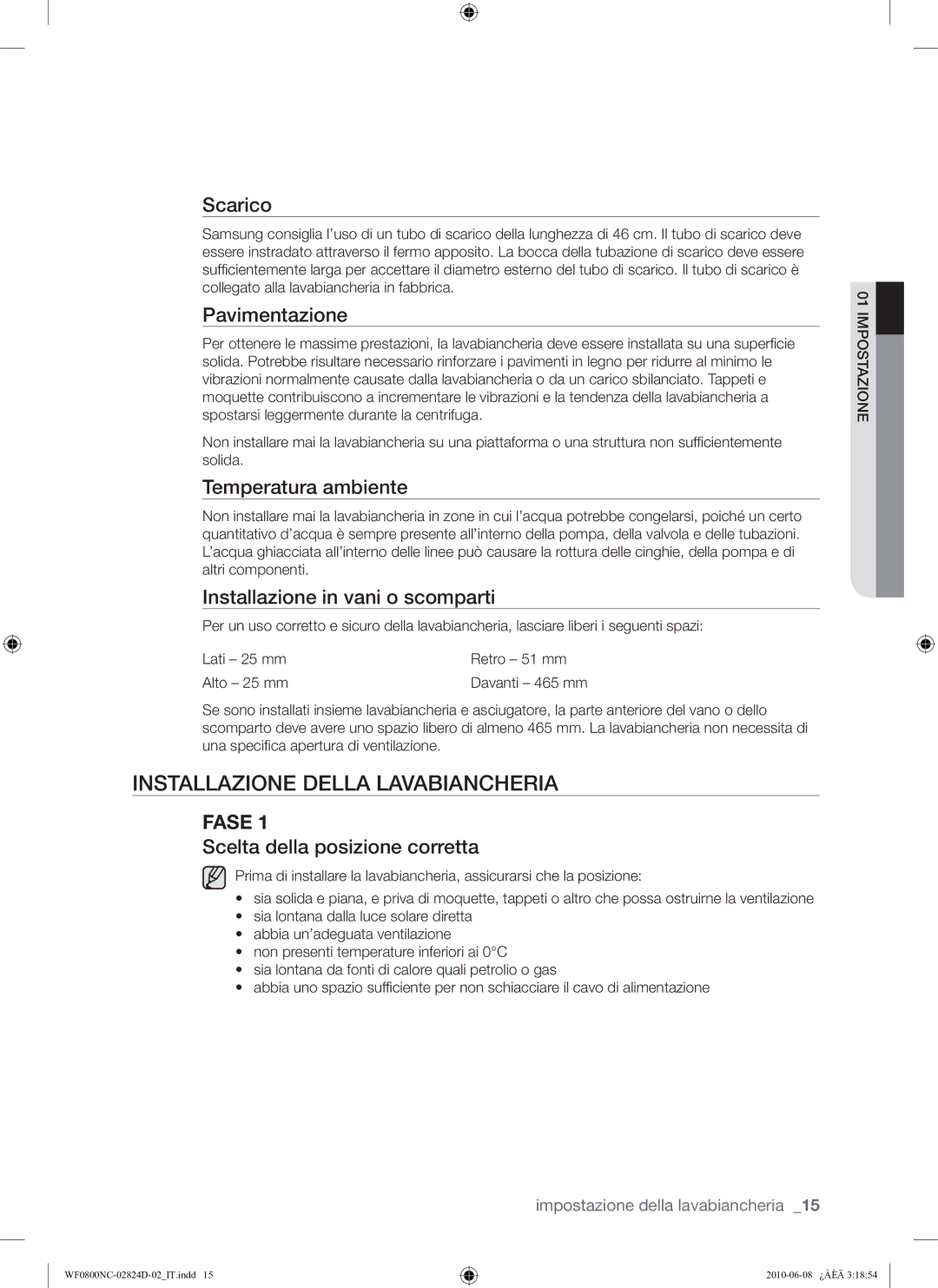 Samsung WF0800NCE/XET manual Installazione Della Lavabiancheria 