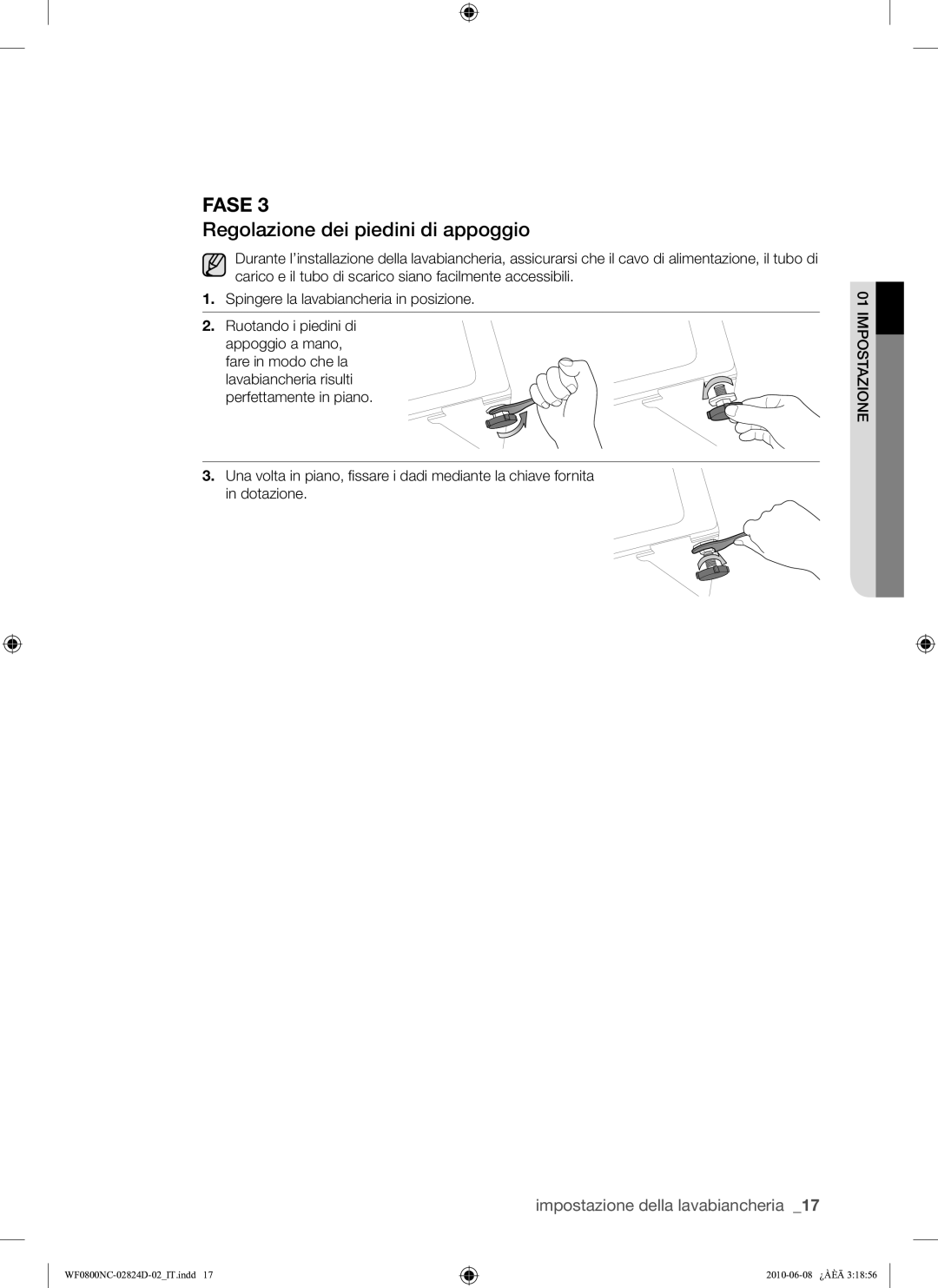 Samsung WF0800NCE/XET manual Regolazione dei piedini di appoggio 