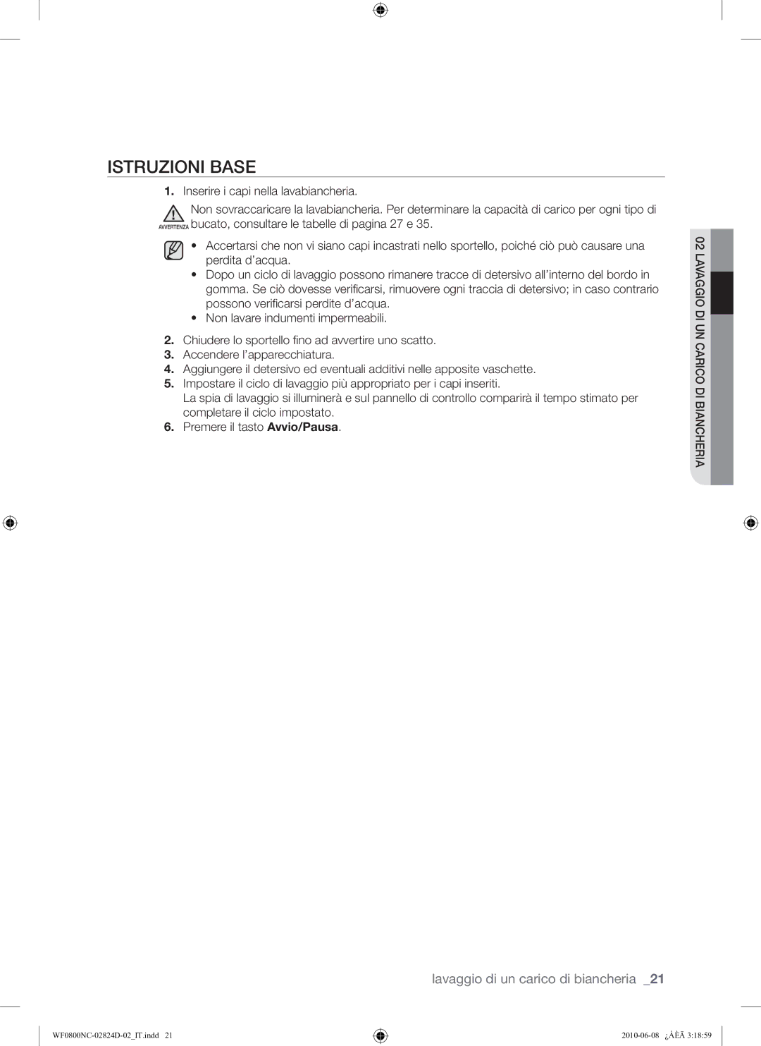 Samsung WF0800NCE/XET manual Istruzioni Base 