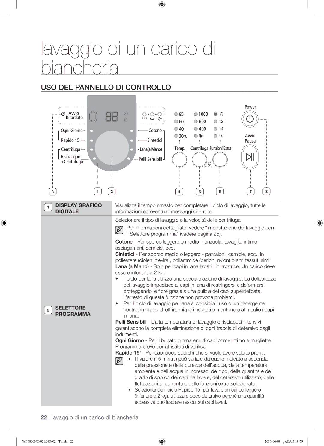 Samsung WF0800NCE/XET manual USO DEL Pannello DI Controllo, Essere inferiore a 2 kg 