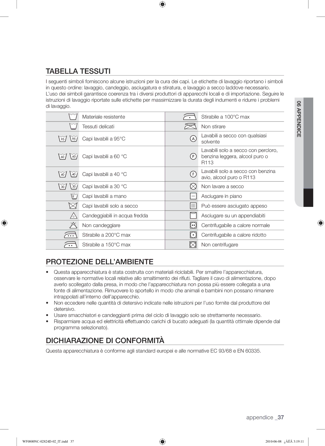 Samsung WF0800NCE/XET manual Tabella Tessuti, Protezione DELL’AMBIENTE, Dichiarazione DI Conformità 