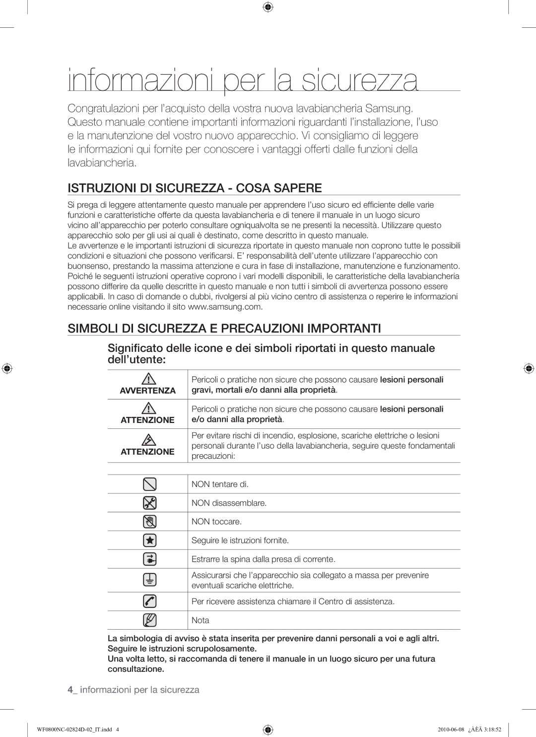 Samsung WF0800NCE/XET manual Informazioni per la sicurezza, Istruzioni DI Sicurezza Cosa Sapere 