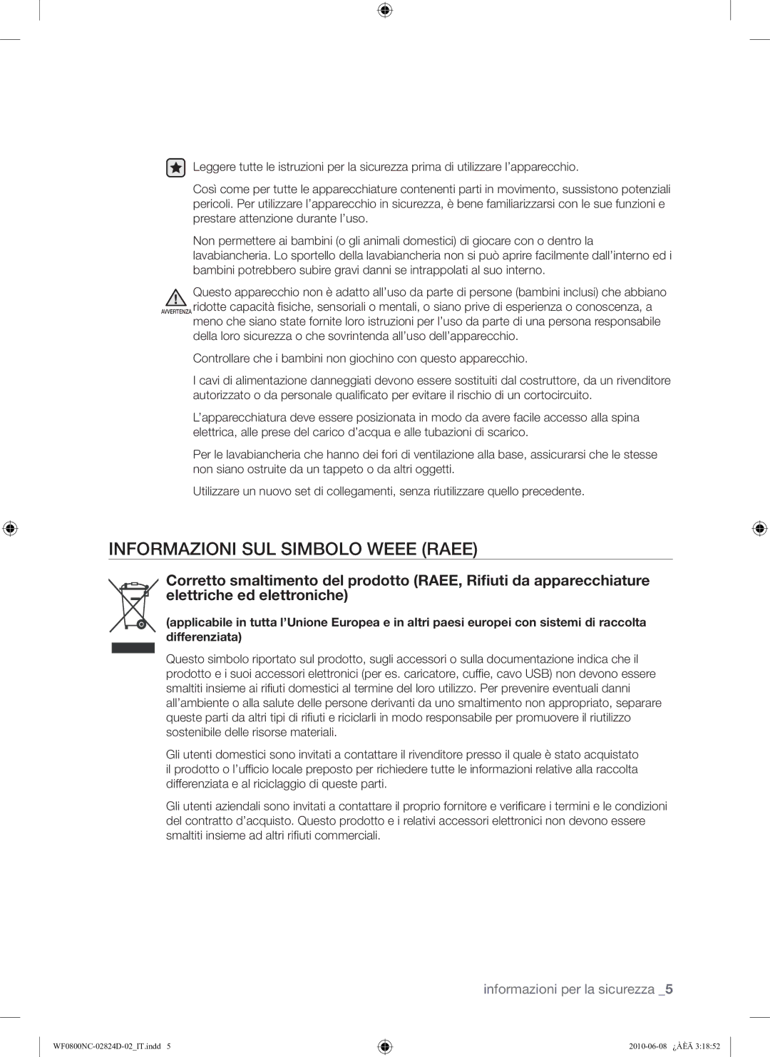 Samsung WF0800NCE/XET manual Informazioni SUL Simbolo Weee Raee 