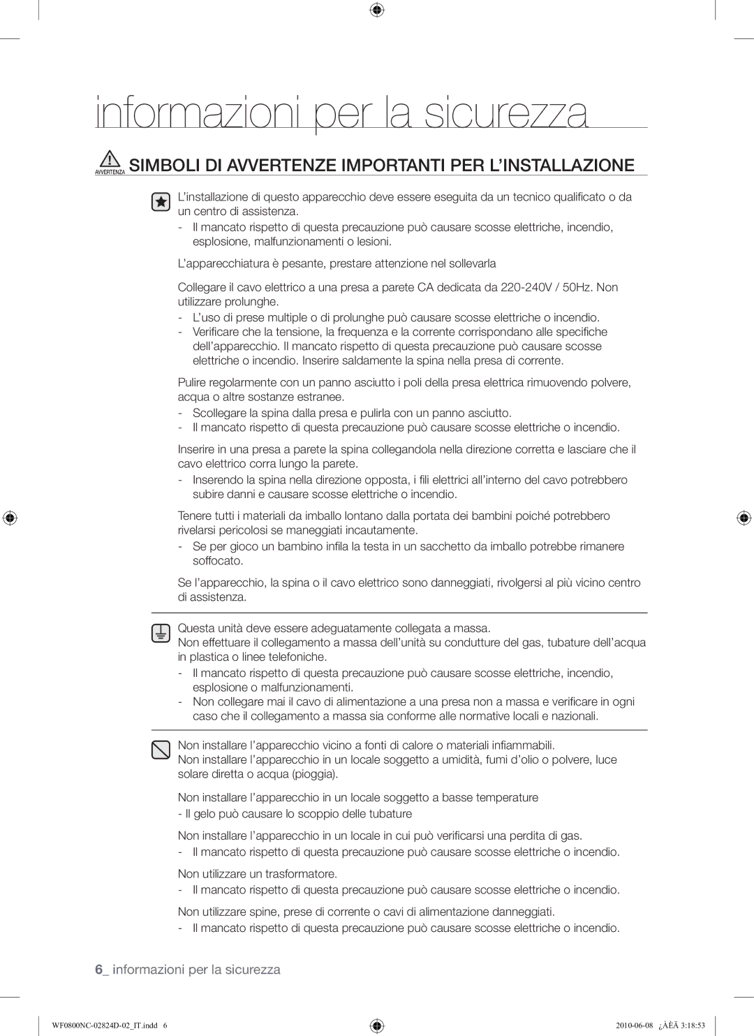 Samsung WF0800NCE/XET manual Informazioni per la sicurezza 