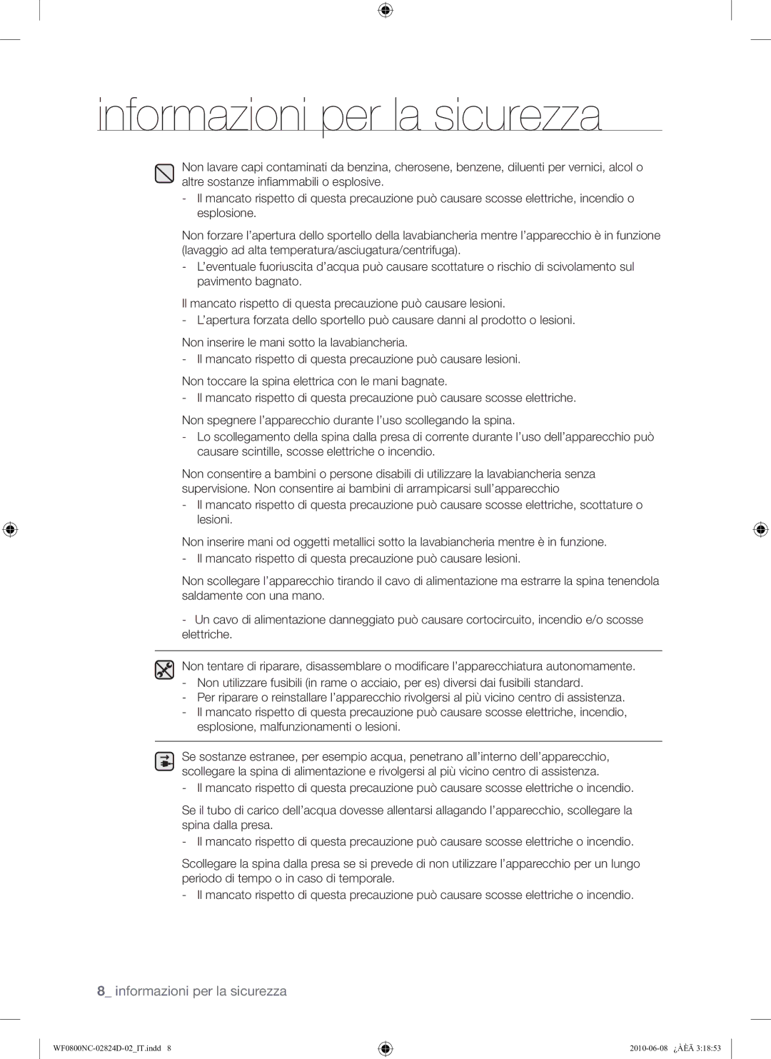 Samsung WF0800NCE/XET manual Informazioni per la sicurezza 