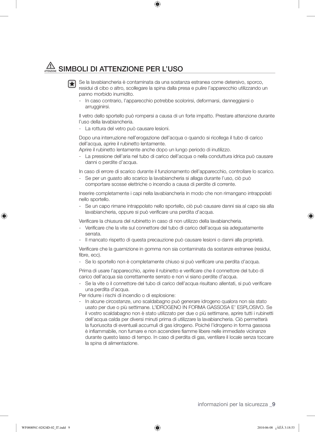 Samsung WF0800NCE/XET manual Attenzione Simboli DI Attenzione PER L’USO 