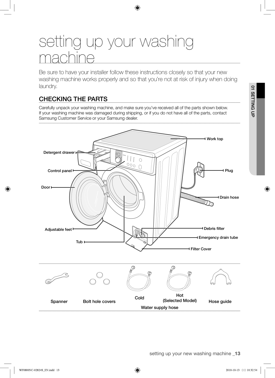 Samsung WF0800NCE/YKJ manual Setting up your washing machine, Checking the parts 