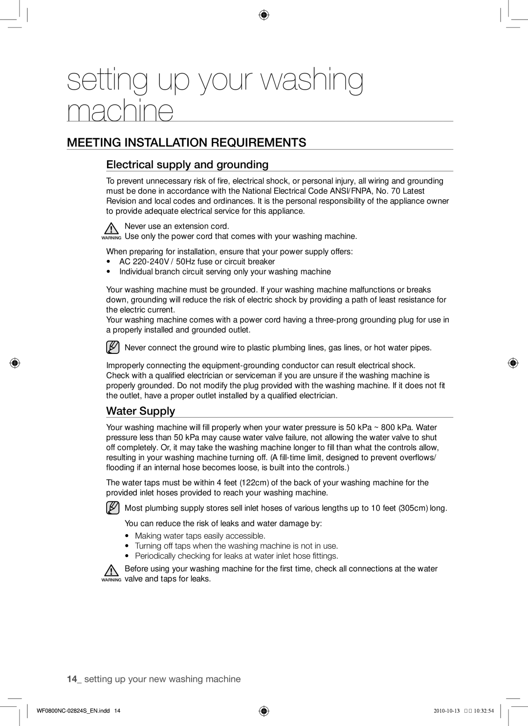 Samsung WF0800NCE/YKJ manual Meeting installation requirements, Electrical supply and grounding, Water Supply 