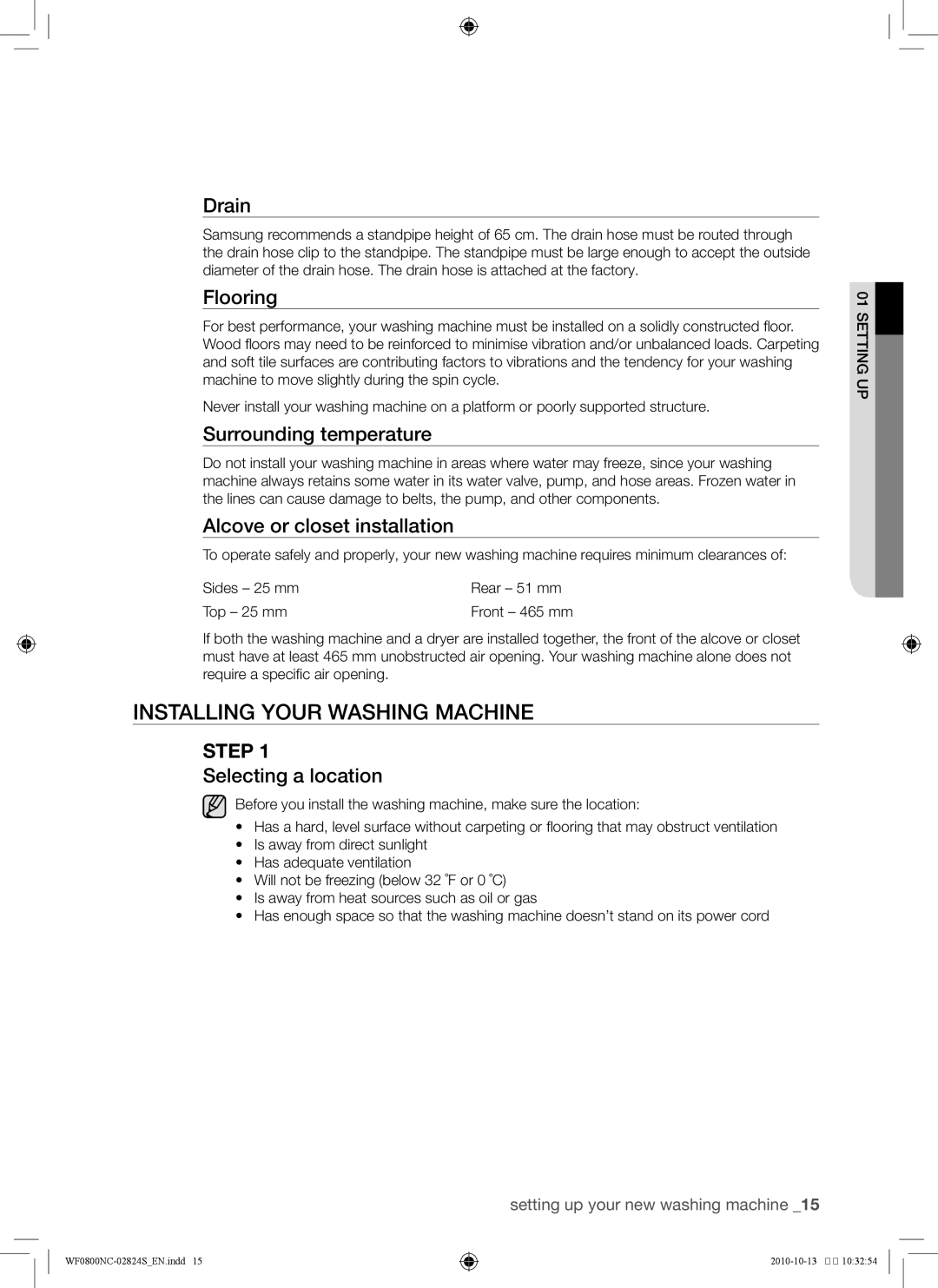 Samsung WF0800NCE/YKJ manual Installing your washing machine 