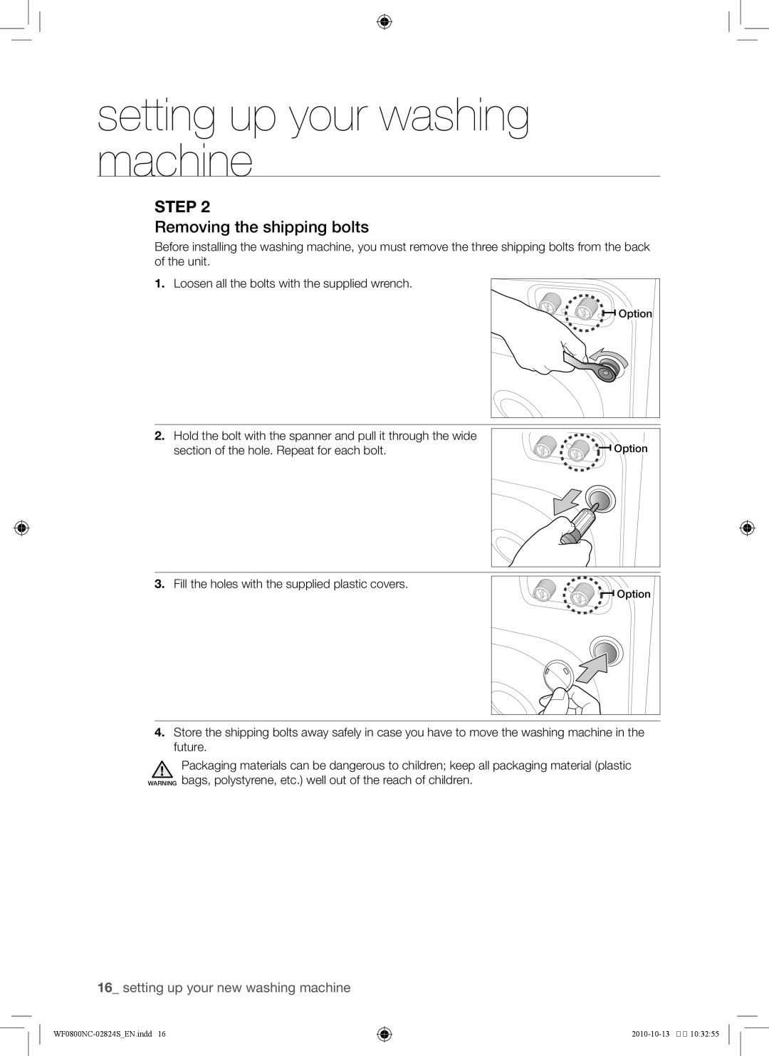 Samsung WF0800NCE/YKJ manual Removing the shipping bolts 