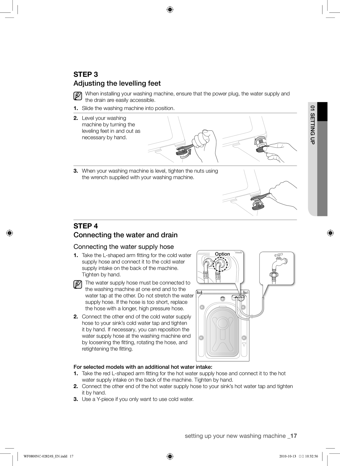 Samsung WF0800NCE/YKJ manual Adjusting the levelling feet, Connecting the water and drain 