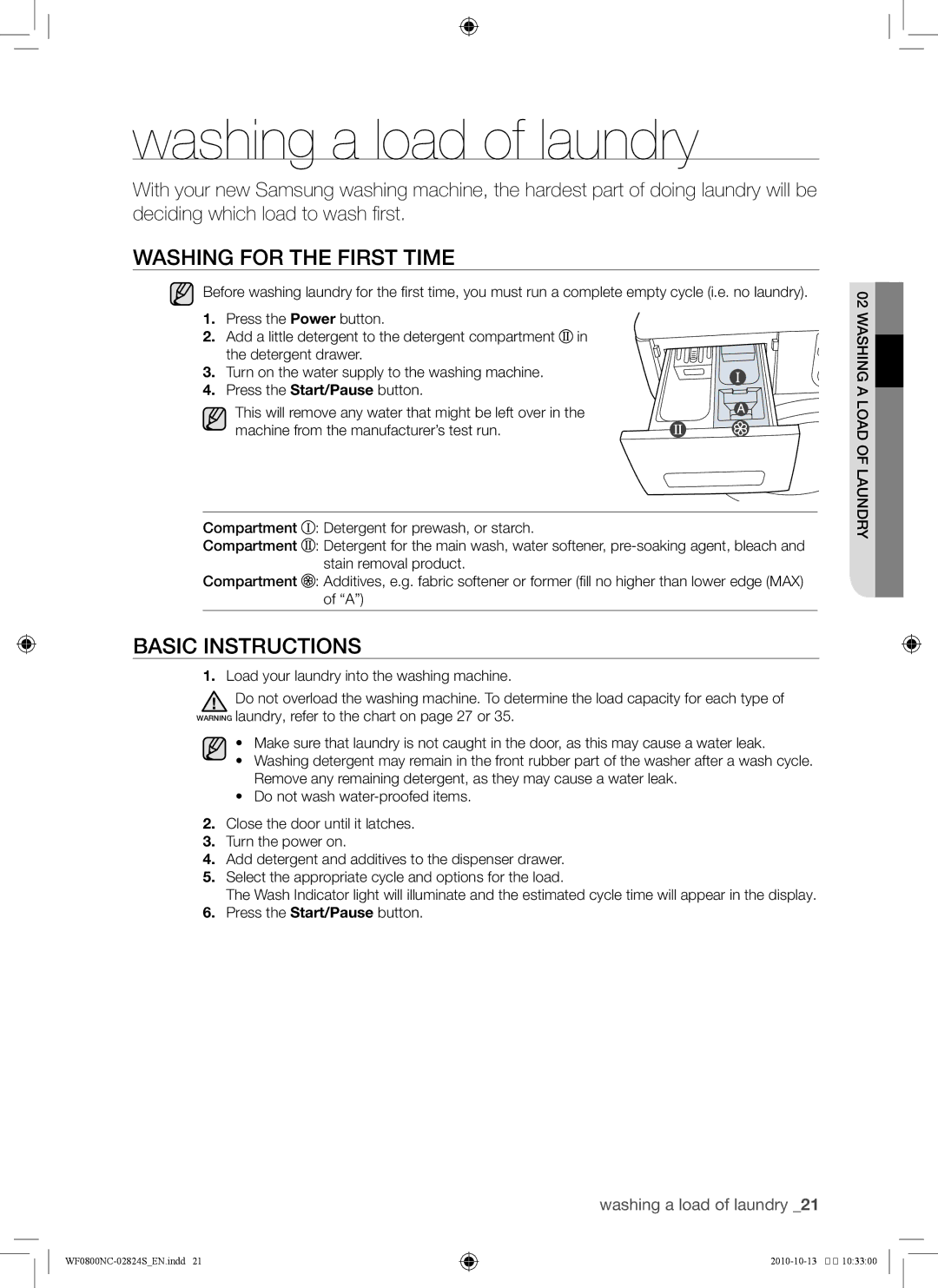 Samsung WF0800NCE/YKJ manual Washing a load of laundry, Washing for the first time, Basic instructions 