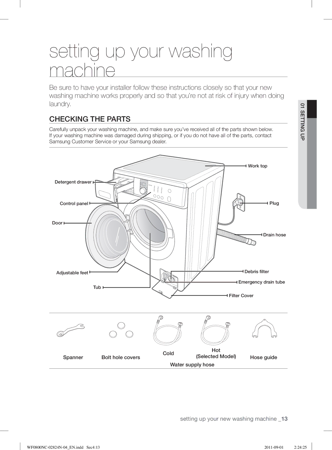 Samsung WF0800NCE/YLV Setting up your washing machine, Checking the Parts, Cold Hot Spanner Bolt hole covers, Hose guide 