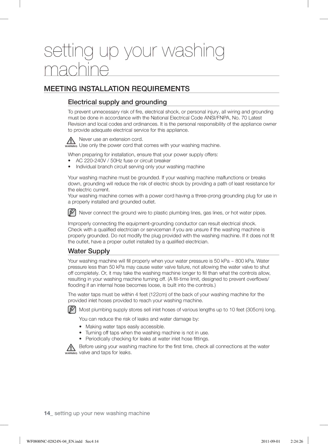 Samsung WF0800NCE/YLV manual Meeting Installation Requirements, Electrical supply and grounding, Water Supply 