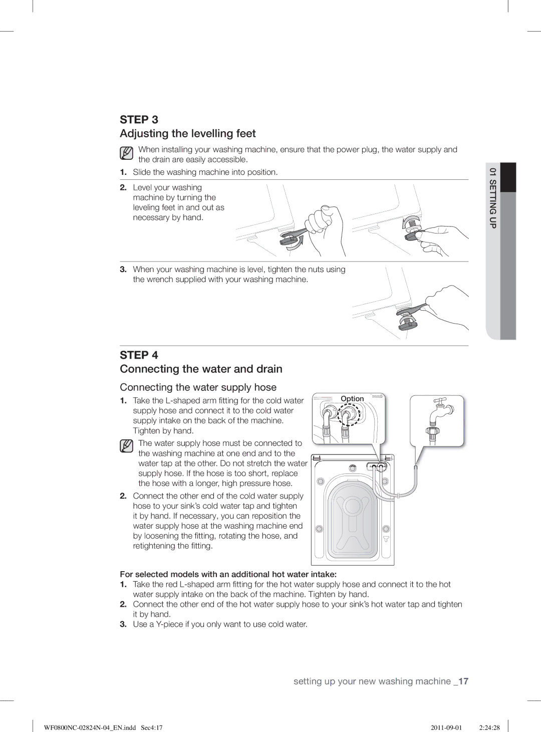 Samsung WF0800NCE/YLV manual Adjusting the levelling feet, Connecting the water and drain 