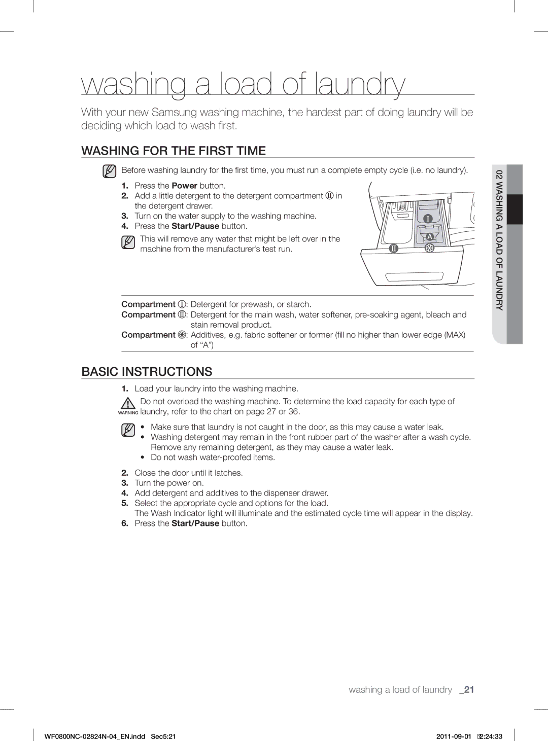 Samsung WF0800NCE/YLV manual Washing a load of laundry, Washing for the First Time, Basic Instructions 