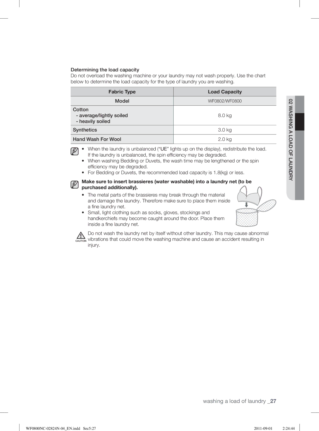 Samsung WF0800NCE/YLV manual Determining the load capacity, Fabric Type Load Capacity, Model 