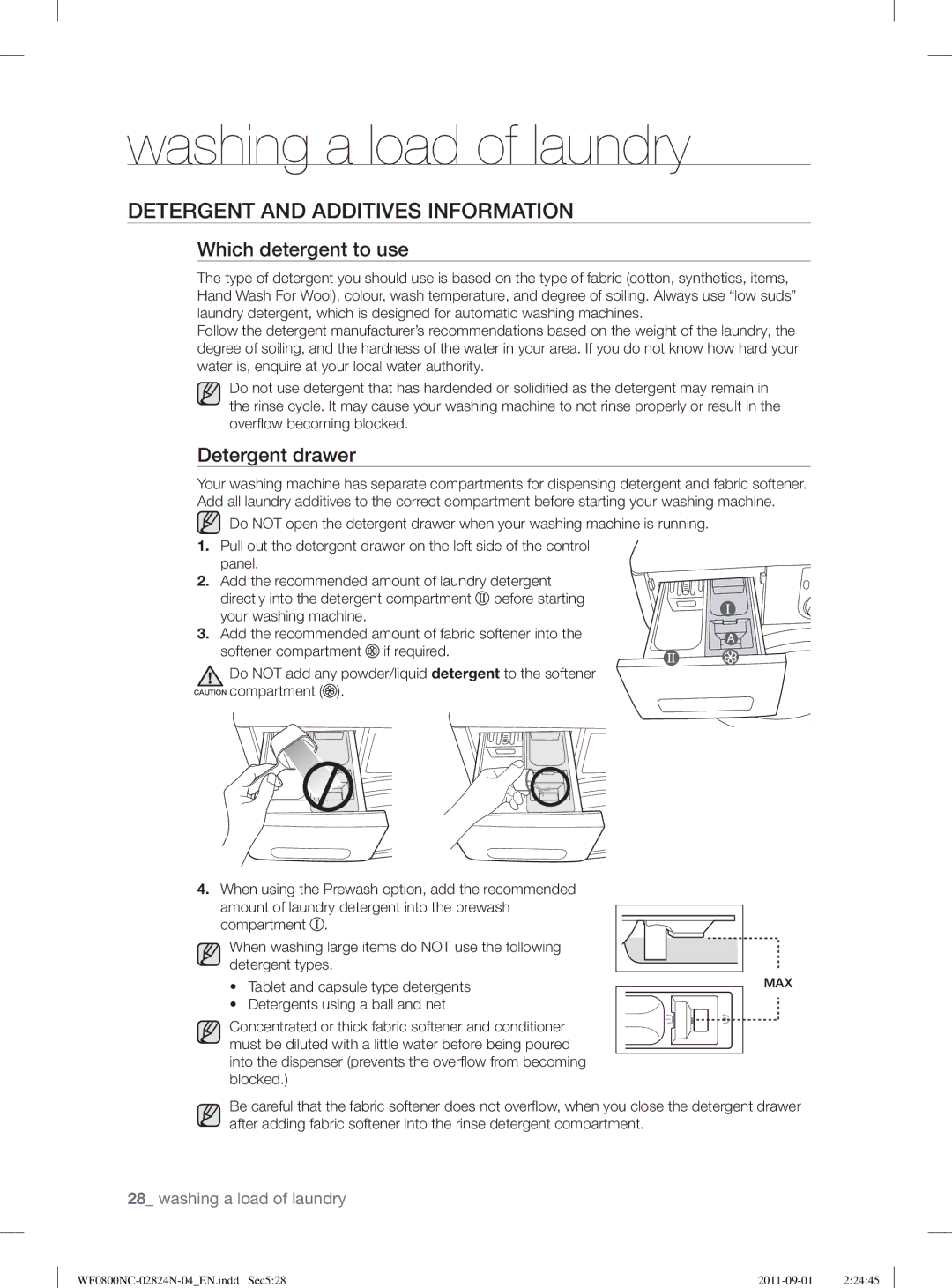 Samsung WF0800NCE/YLV manual Detergent and Additives Information, Which detergent to use, Detergent drawer 