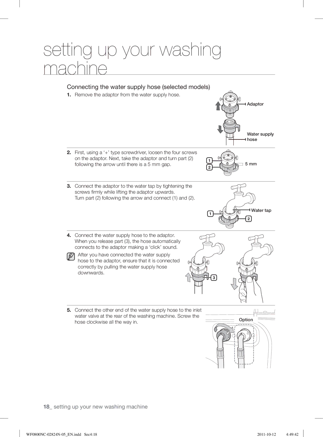 Samsung WF0800NCE/YLV manual Remove the adaptor from the water supply hose, Following the arrow until there is a 5 mm gap 