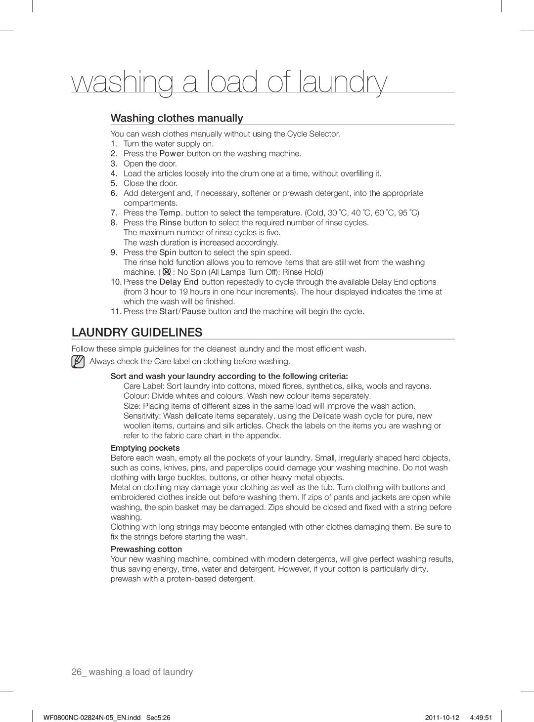 Samsung WF0800NCE/YLV Laundry Guidelines, Washing clothes manually 