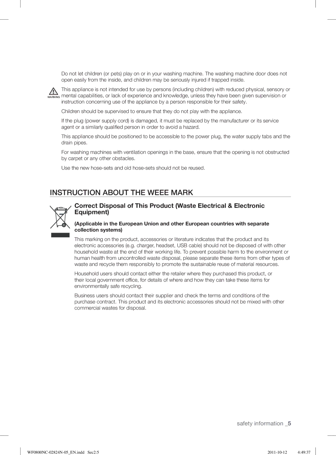 Samsung WF0800NCE/YLV manual Instruction about the Weee Mark 