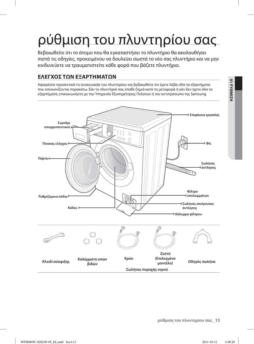 Samsung WF0800NCE/YLV manual Ρύθμιση του πλυντηρίου σας, Ελεγχοσ ΤΩΝ Εξαρτηματων, 01 Ρυθμιση 