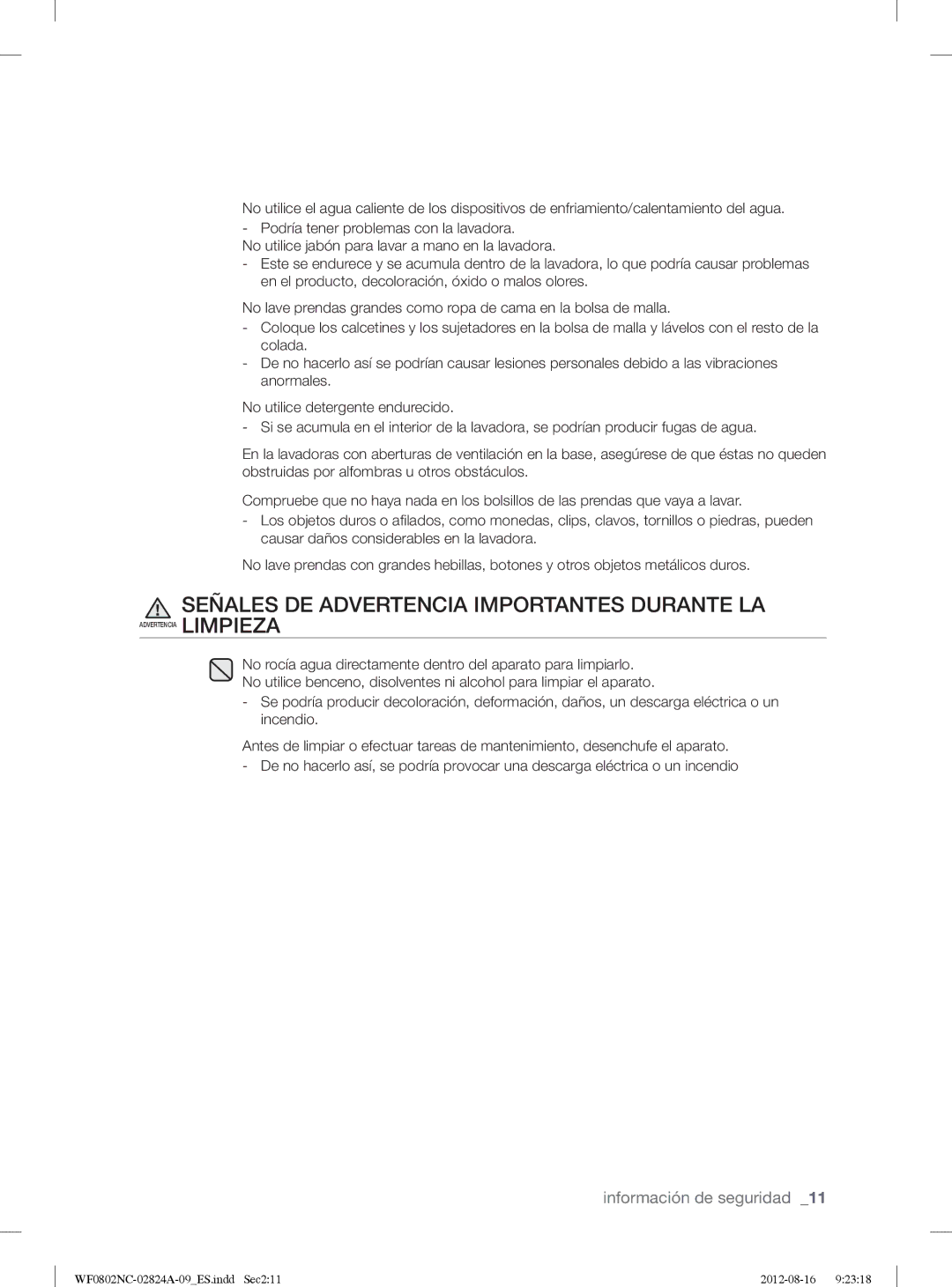 Samsung WF0800NCE/XEC, WF0802NCE/XEC manual Señales DE Advertencia Importantes Durante LA 