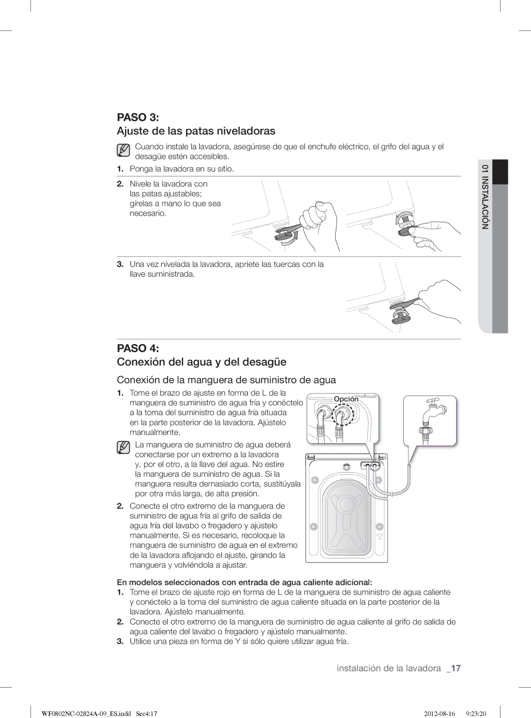 Samsung WF0800NCE/XEC, WF0802NCE/XEC manual Ajuste de las patas niveladoras, Conexión del agua y del desagüe 