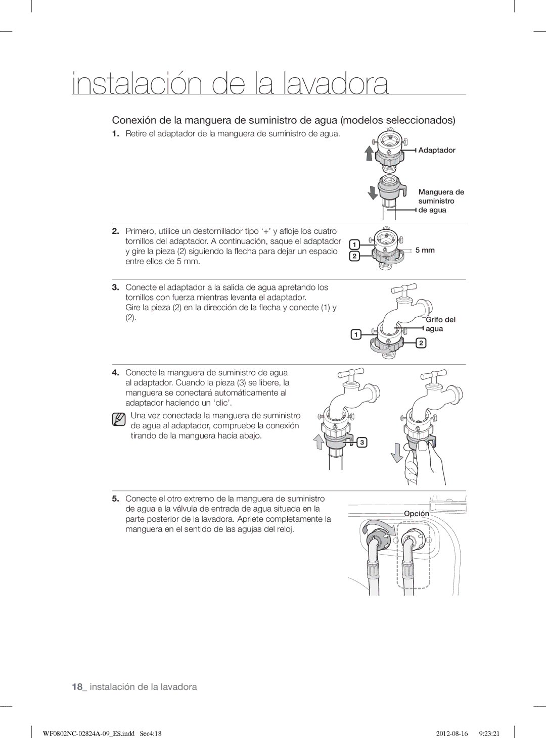 Samsung WF0802NCE/XEC, WF0800NCE/XEC manual Retire el adaptador de la manguera de suministro de agua 