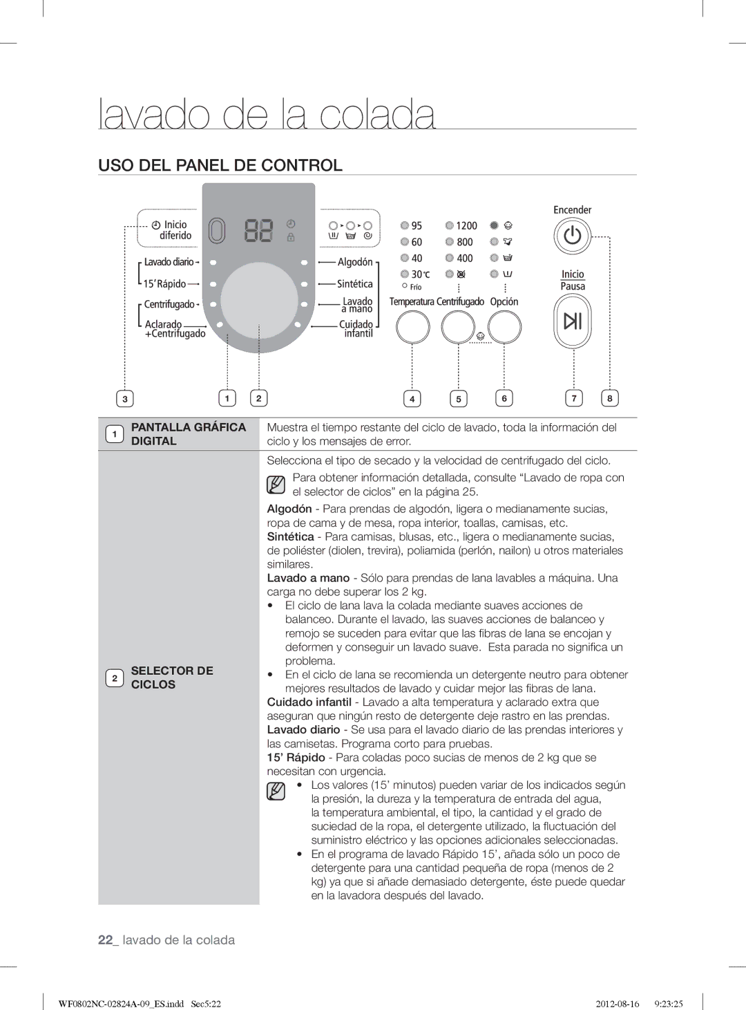 Samsung WF0802NCE/XEC, WF0800NCE/XEC manual USO DEL Panel DE Control, Pantalla Gráfica 