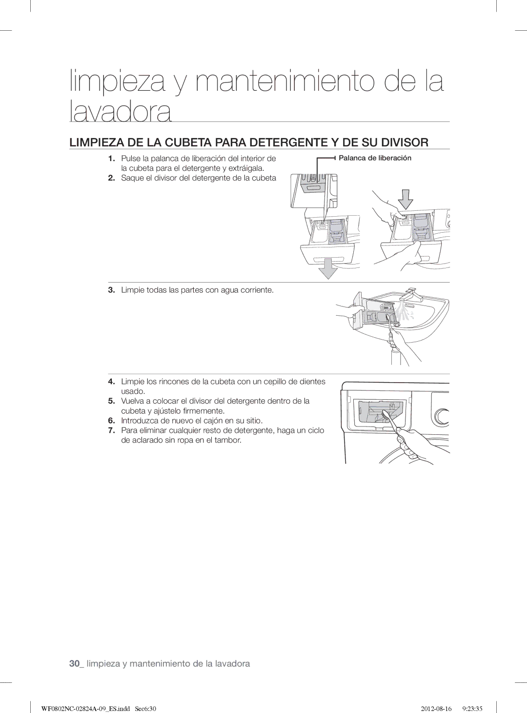 Samsung WF0802NCE/XEC, WF0800NCE/XEC manual Limpieza DE LA Cubeta Para Detergente Y DE SU Divisor 