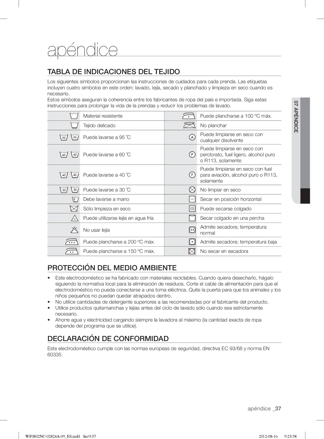 Samsung WF0800NCE/XEC, WF0802NCE/XEC manual Apéndice, Tabla DE Indicaciones DEL Tejido, Protección DEL Medio Ambiente 