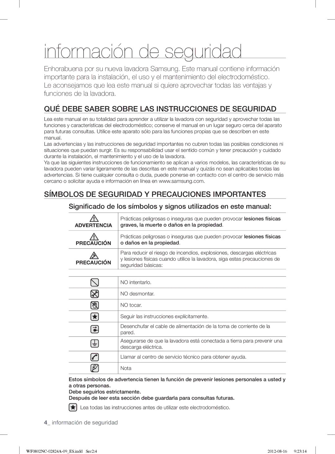 Samsung WF0802NCE/XEC, WF0800NCE/XEC manual Información de seguridad, QUÉ Debe Saber Sobre LAS Instrucciones DE Seguridad 