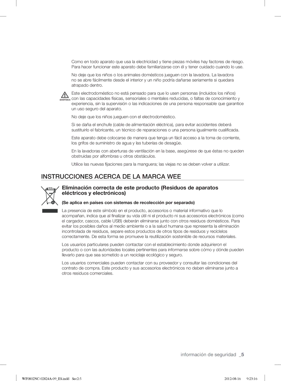 Samsung WF0800NCE/XEC, WF0802NCE/XEC manual Instrucciones Acerca DE LA Marca WEE 