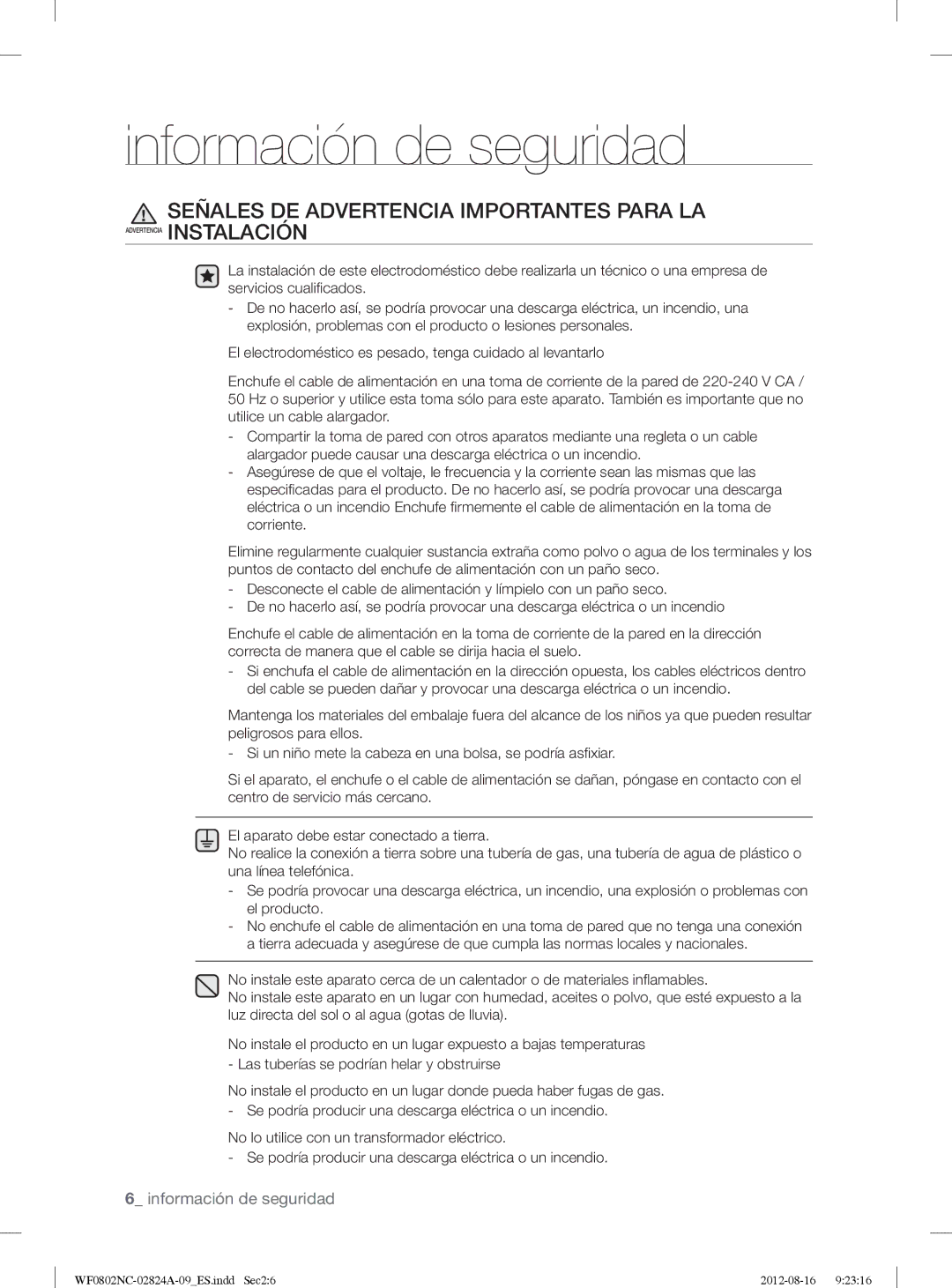 Samsung WF0802NCE/XEC, WF0800NCE/XEC manual Señales DE Advertencia Importantes Para LA 