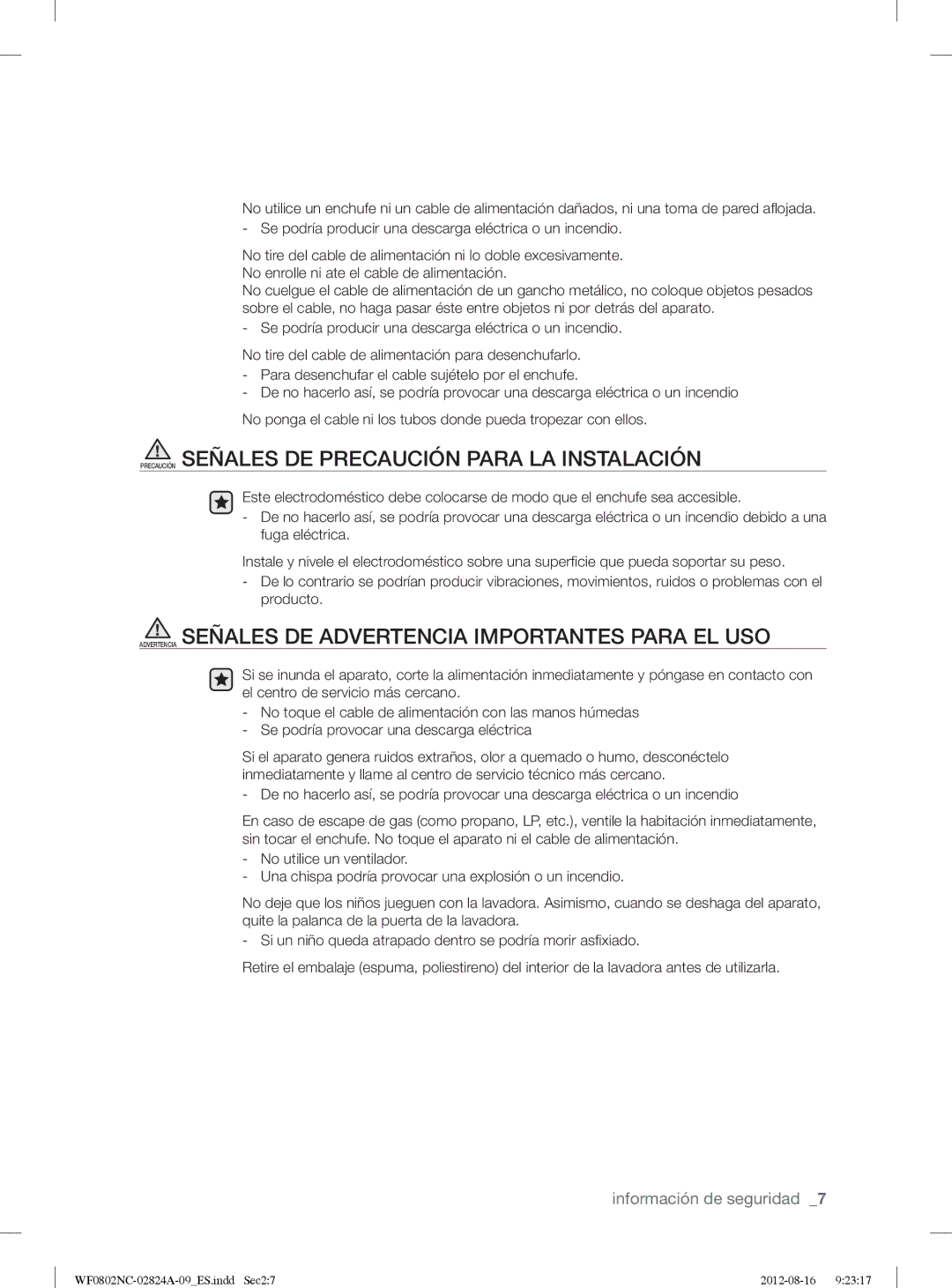 Samsung WF0800NCE/XEC, WF0802NCE/XEC manual Precaución Señales DE Precaución Para LA Instalación 