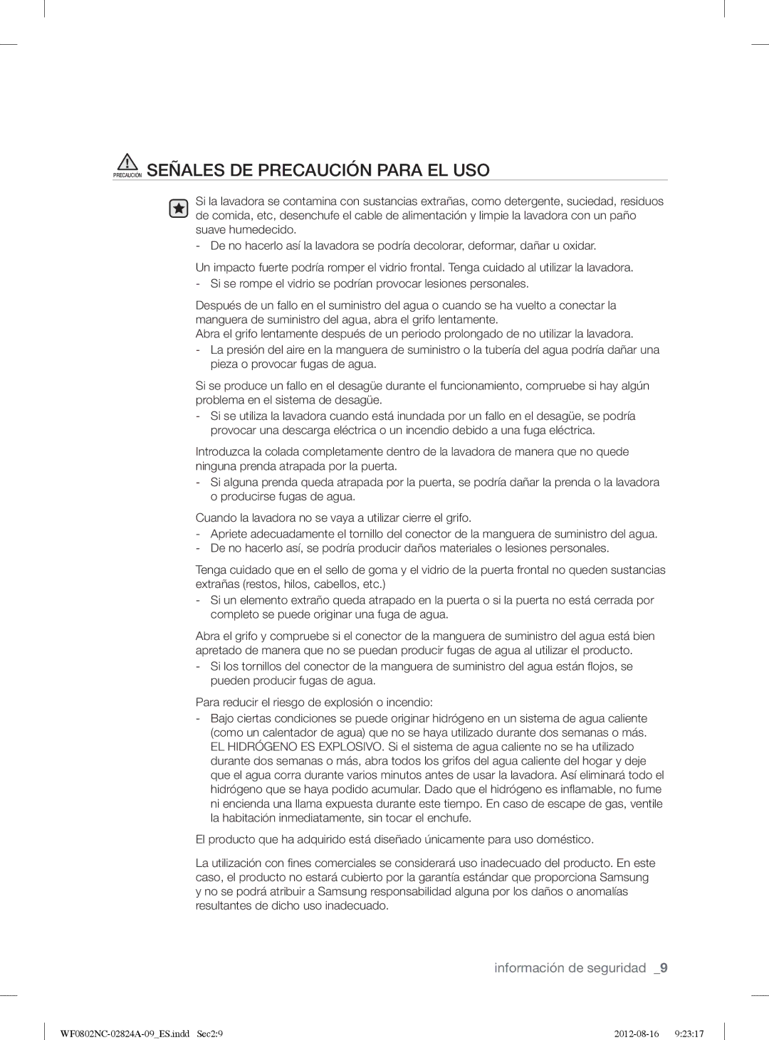 Samsung WF0800NCE/XEC, WF0802NCE/XEC manual Precaución Señales DE Precaución Para EL USO 