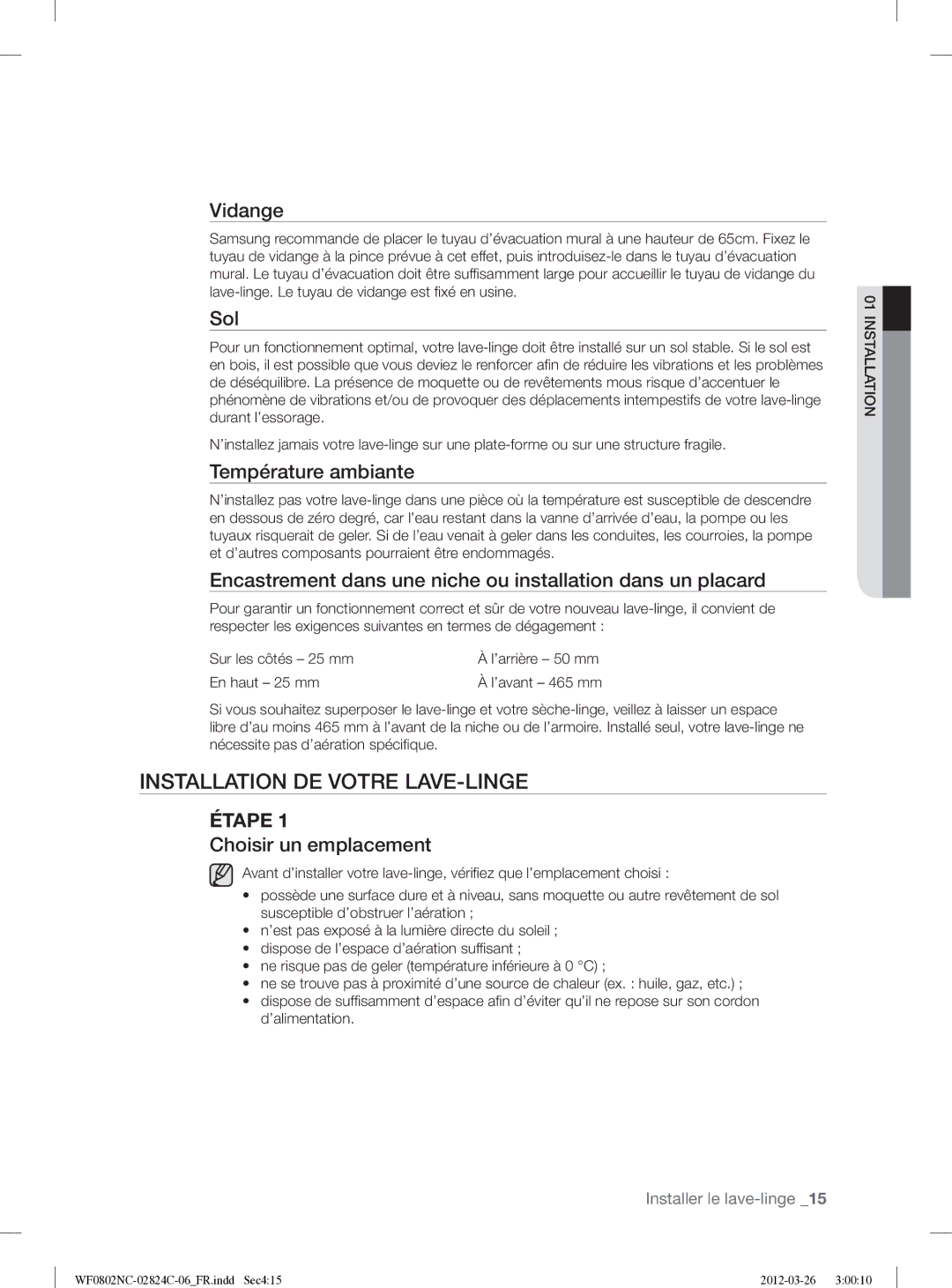 Samsung WF0802NCE/XEF manual Installation DE Votre LAVE-LINGE 