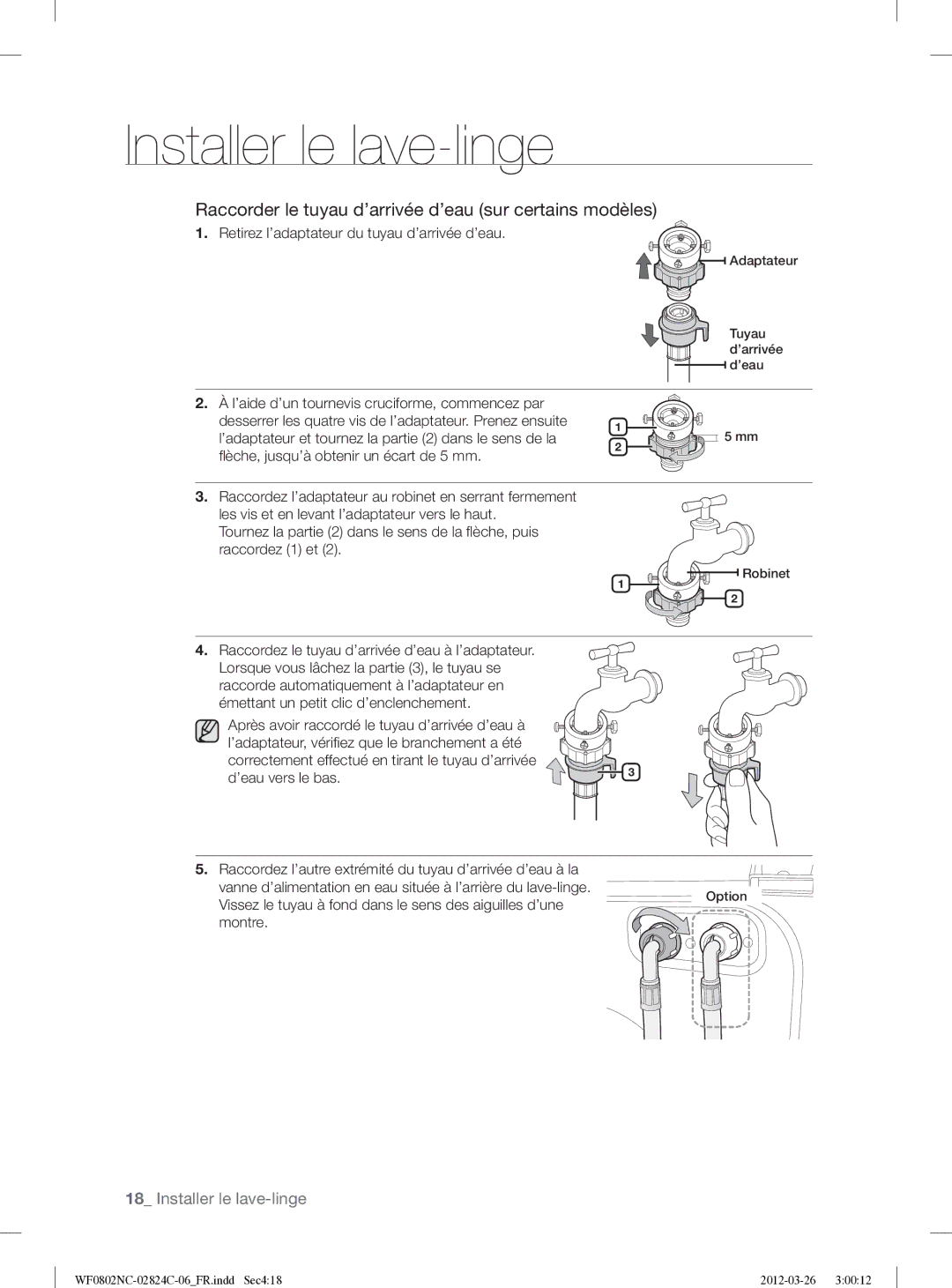 Samsung WF0802NCE/XEF manual Raccorder le tuyau d’arrivée d’eau sur certains modèles 