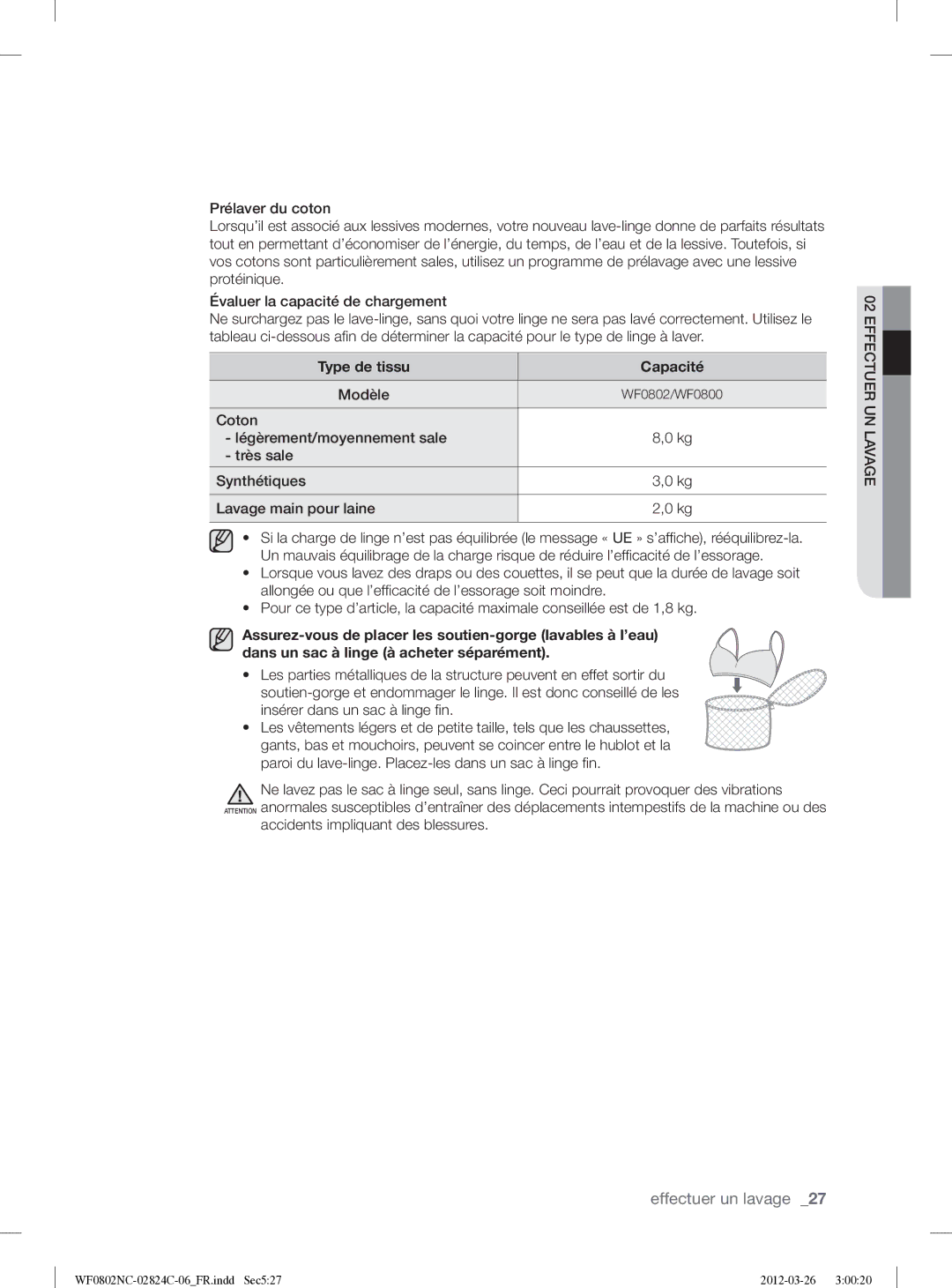 Samsung WF0802NCE/XEF manual Type de tissu Capacité 