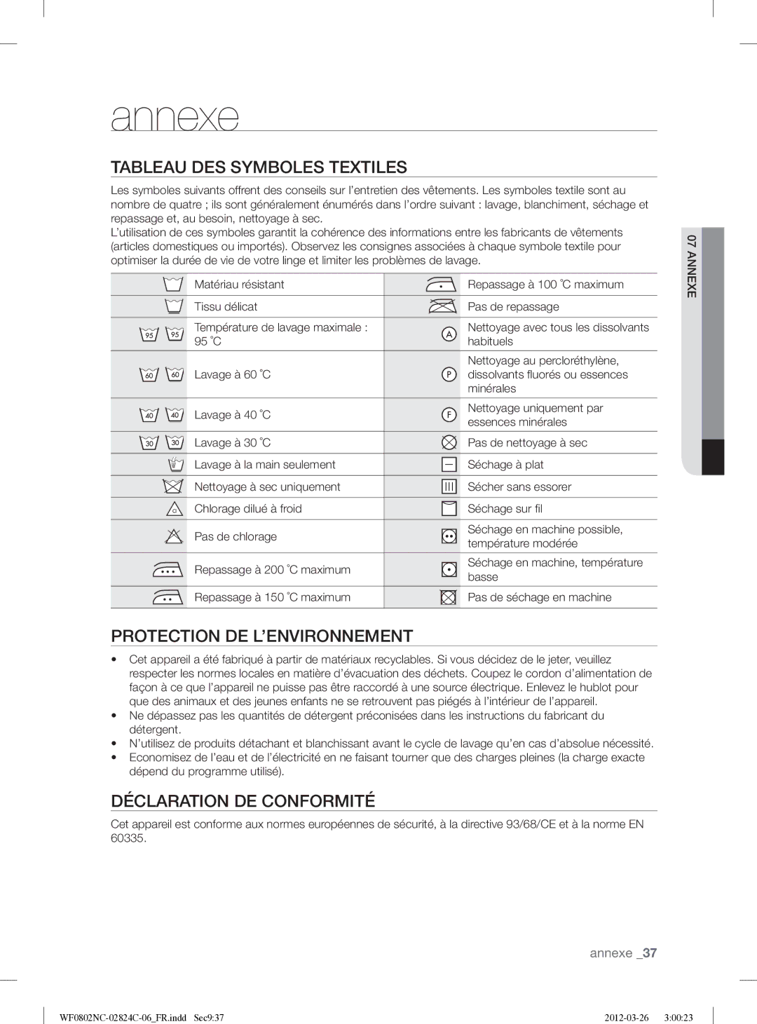 Samsung WF0802NCE/XEF Annexe, Tableau DES Symboles Textiles, Protection DE L’ENVIRONNEMENT, Déclaration DE Conformité 