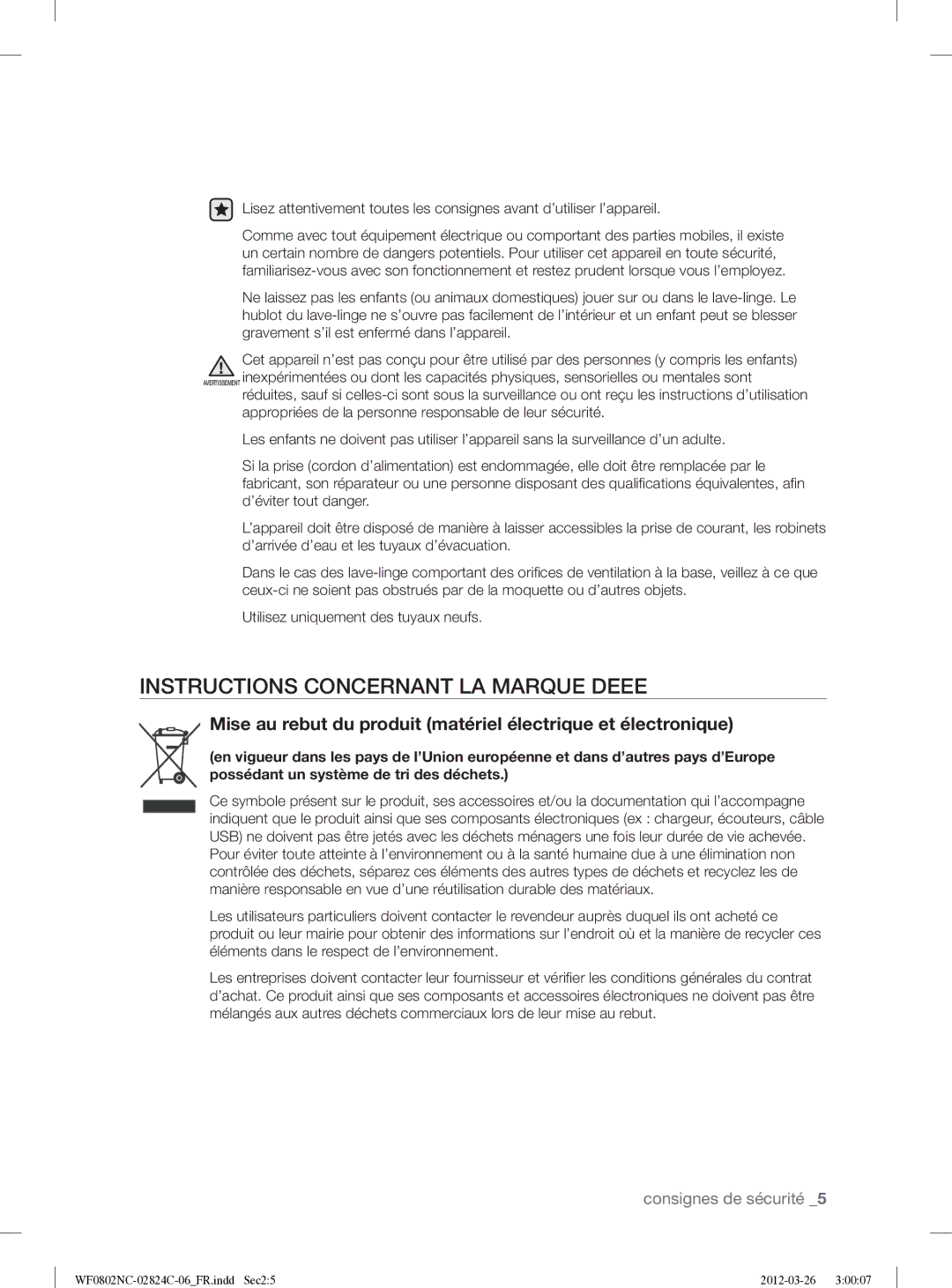 Samsung WF0802NCE/XEF manual Instructions Concernant LA Marque Deee 