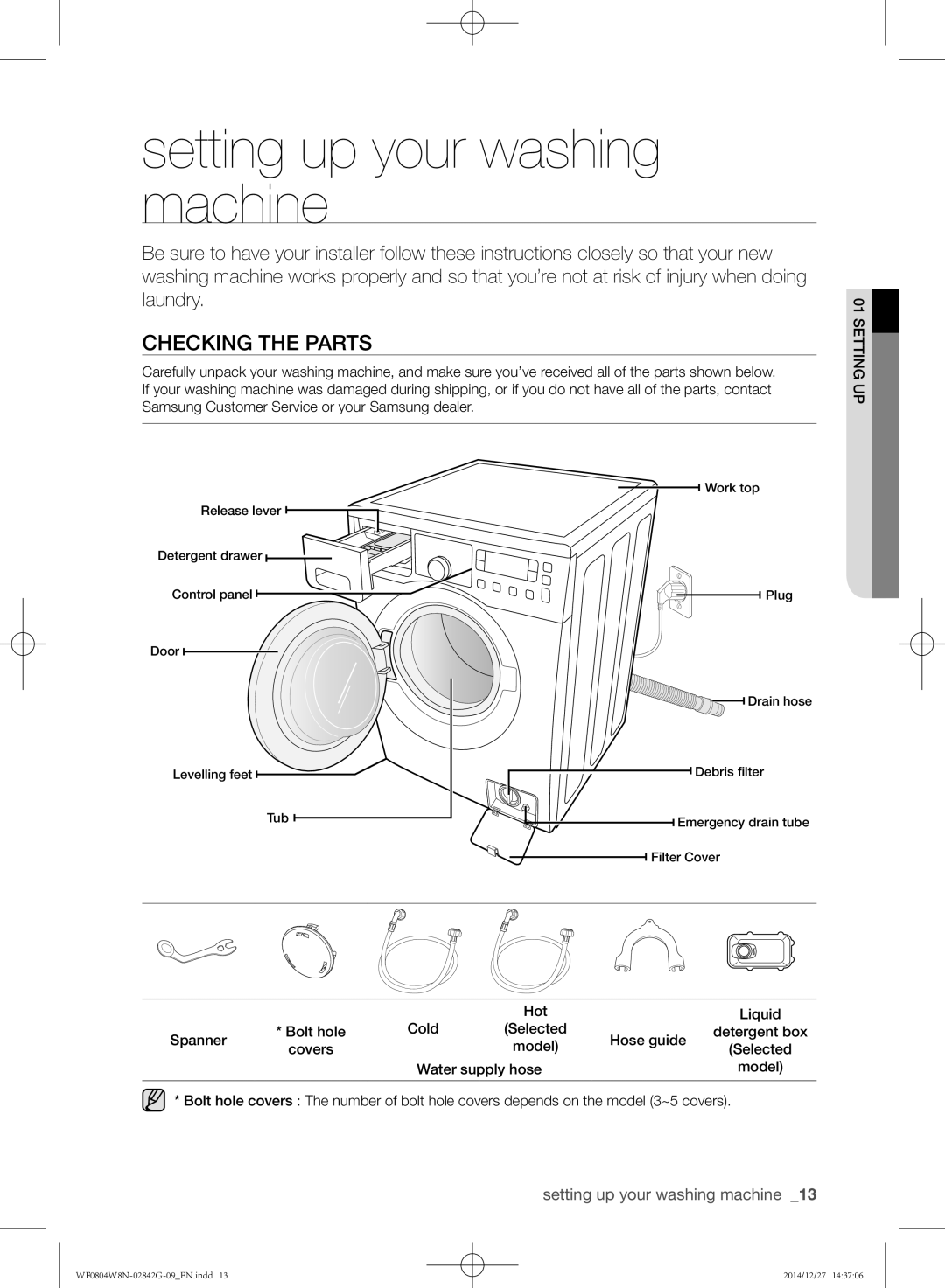 Samsung WF0804W8E1/XEU, WF0804W8E1/YAH manual Setting up your washing machine, Checking the parts, Water supply hose 